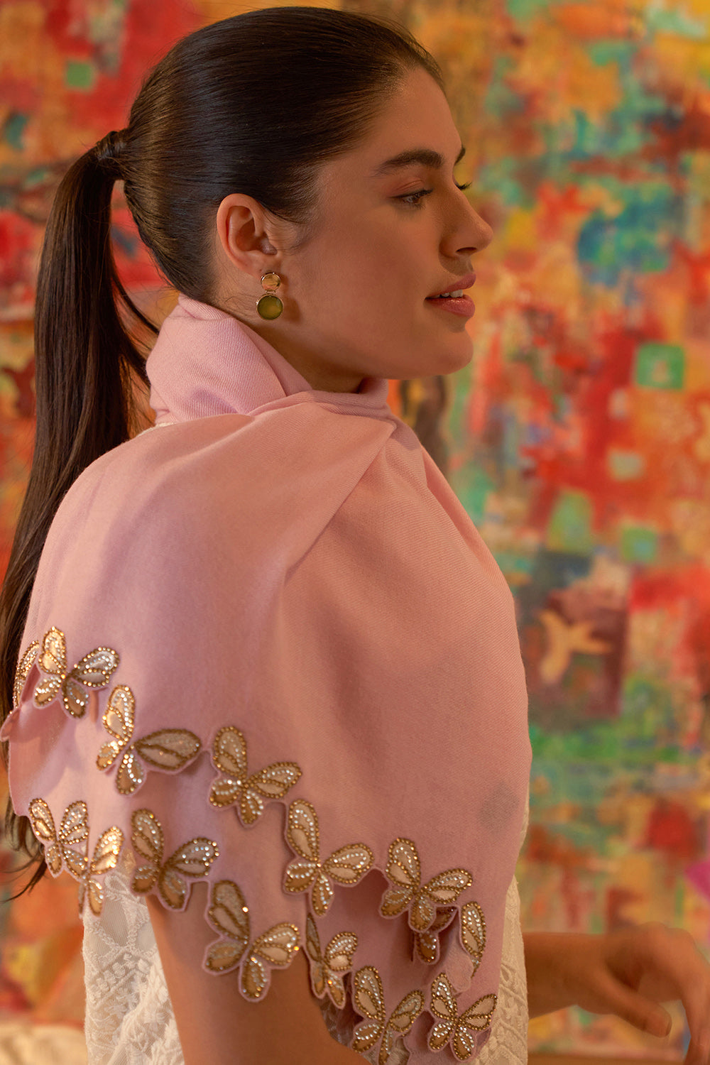 Shimmer Wings | Embroidered Wool Silk Stole | AJD X Mauli