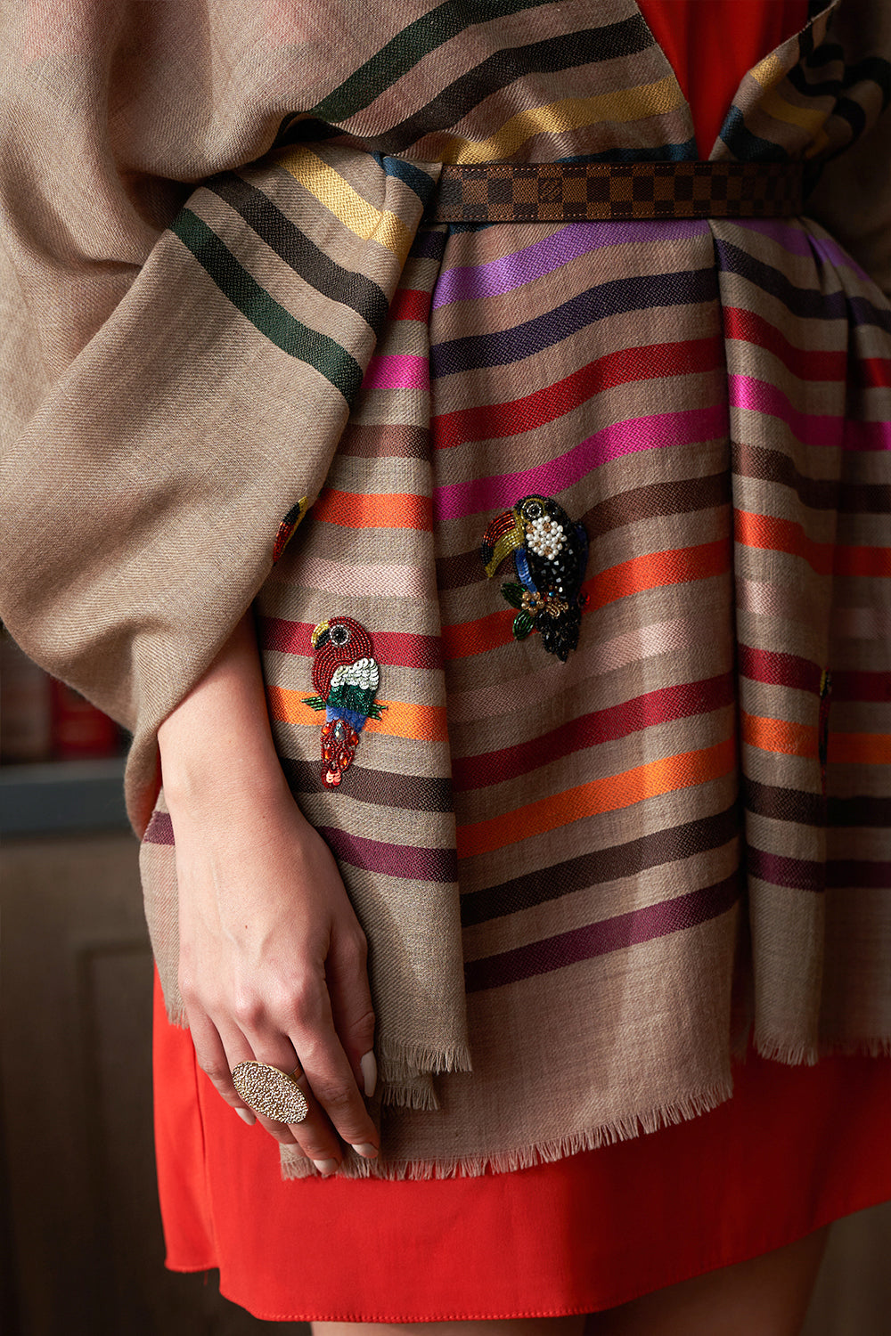 Tricky Toucans | Embroidered Fine Wool Silk Stripe | AJD X Mauli