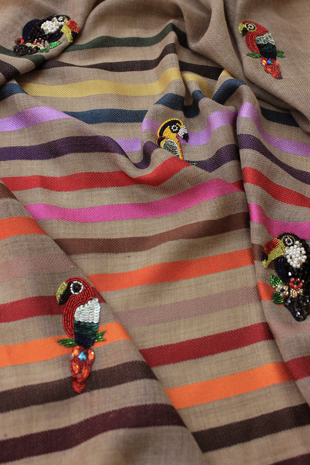 Tricky Toucans | Embroidered Fine Wool Silk Stripe | AJD X Mauli