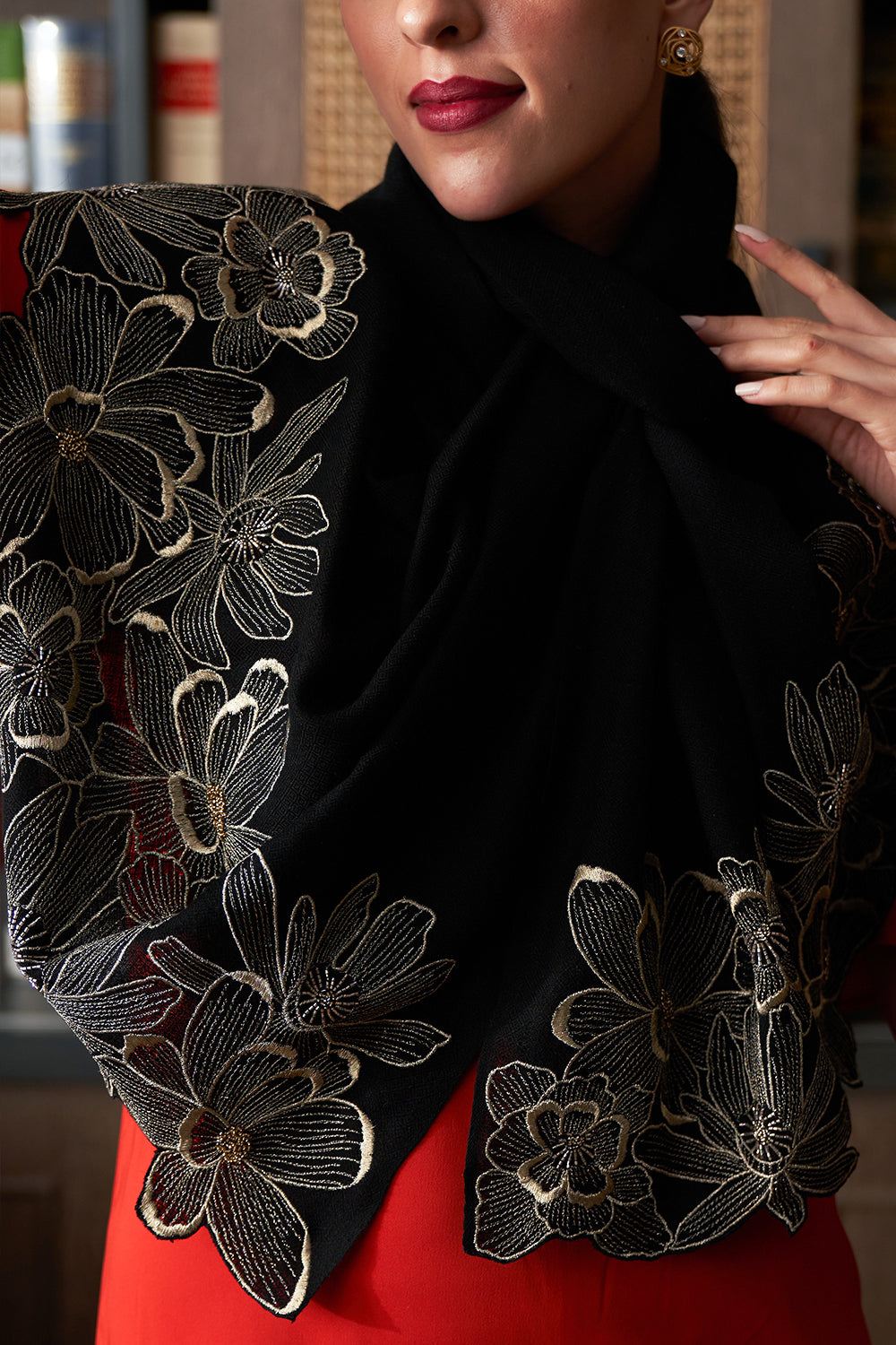 Magnolia Bloom | Embroidered Wool Silk Stole | AJD X Mauli
