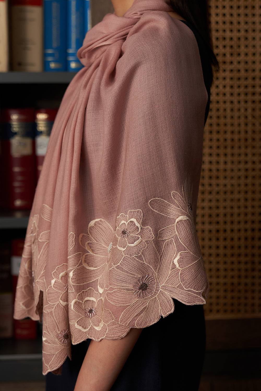 Magnolia Bloom | Embroidered Wool Silk Stole | AJD X Mauli