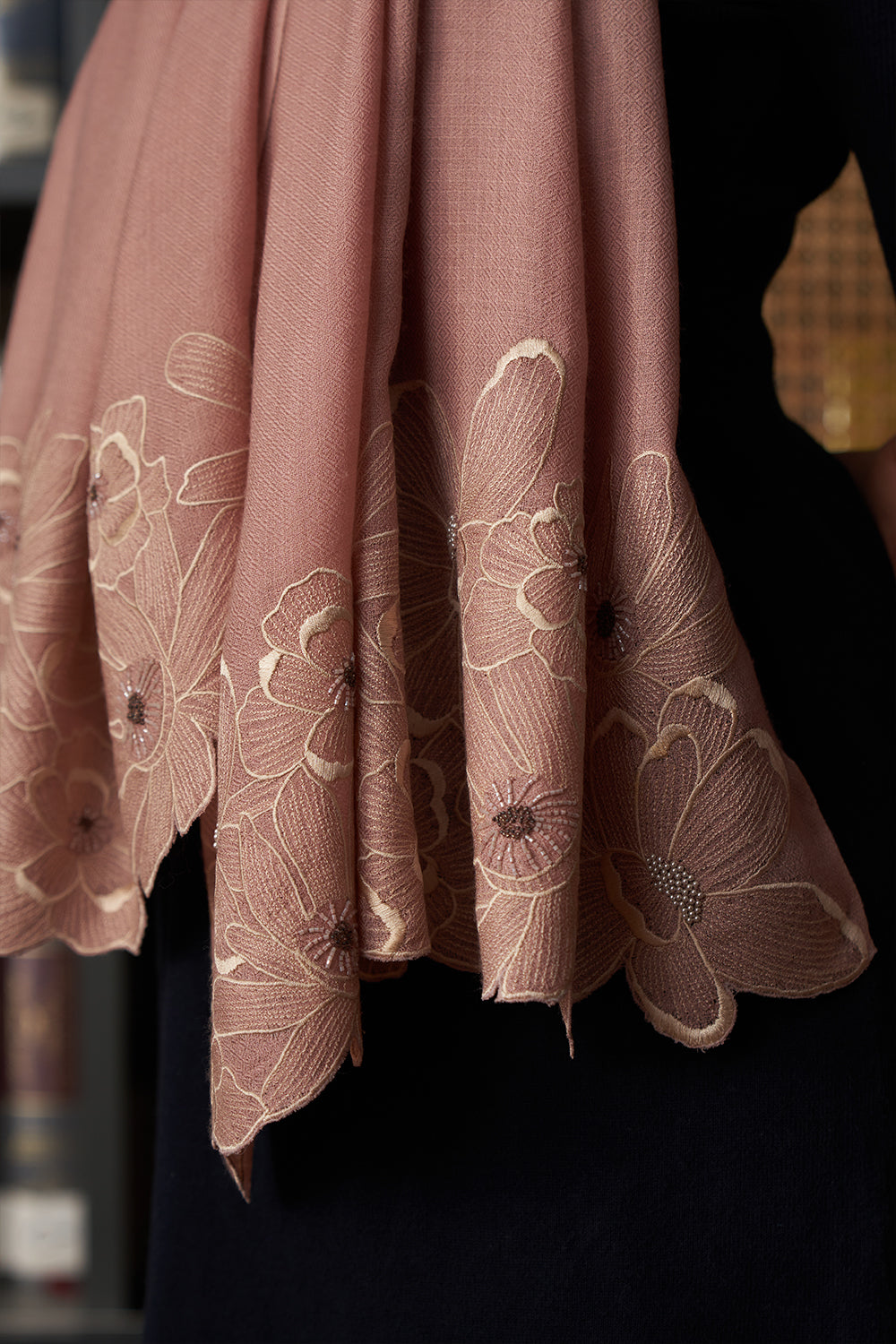 Magnolia Bloom | Embroidered Wool Silk Stole | AJD X Mauli