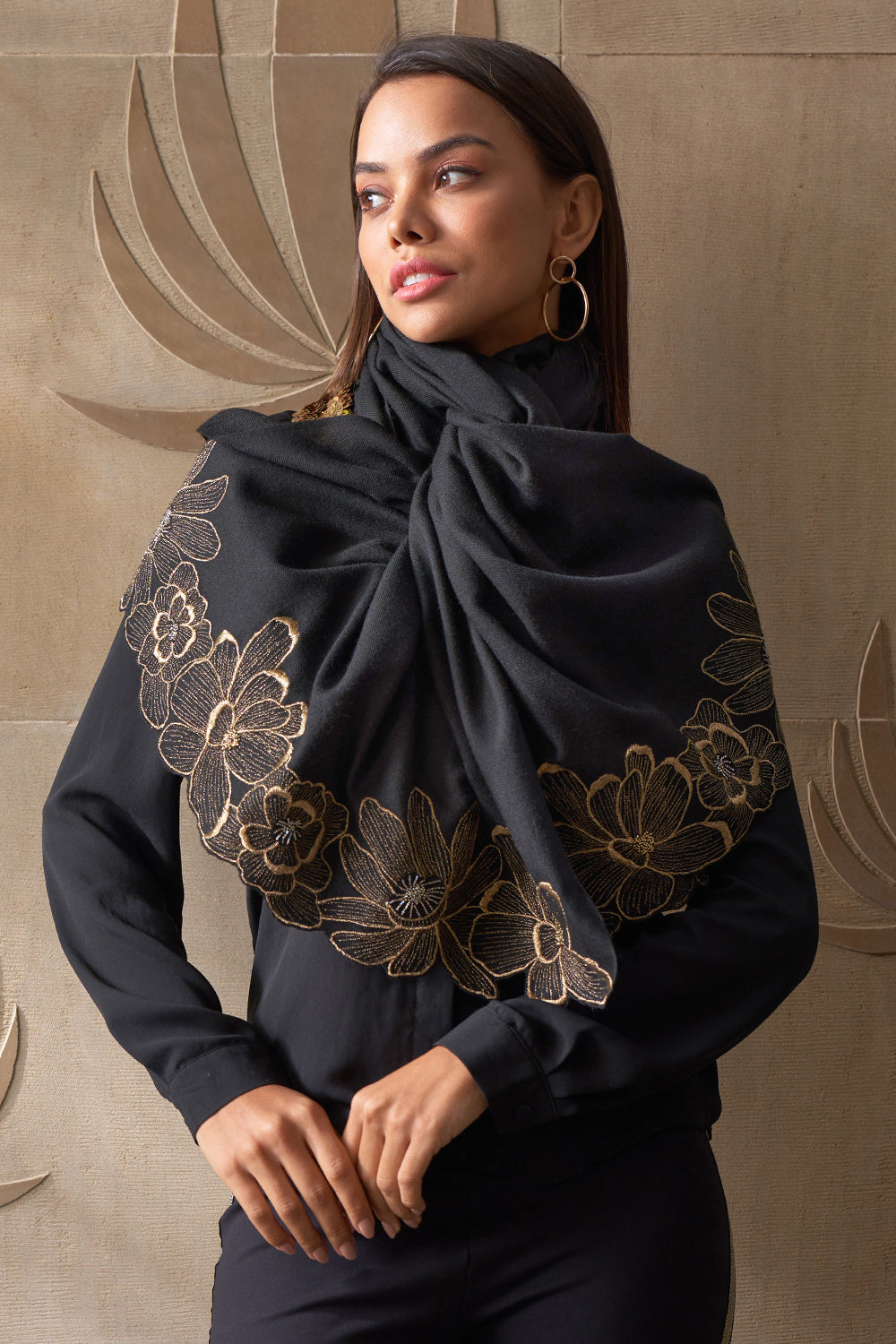 Magnolia Bloom | Embroidered Wool Silk Stole | AJD X Mauli