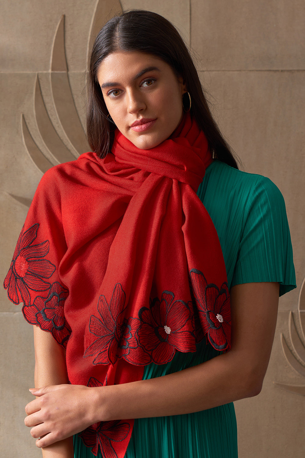 Magnolia Bloom | Embroidered Wool Silk Stole | AJD X Mauli