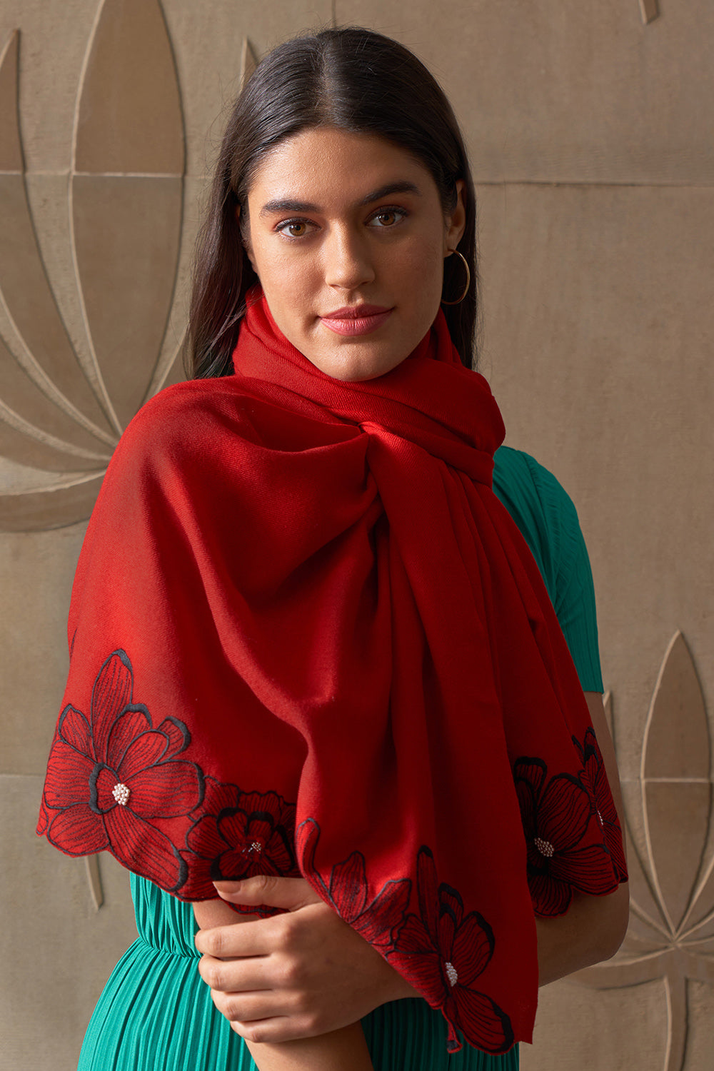 Magnolia Bloom | Embroidered Wool Silk Stole | AJD X Mauli