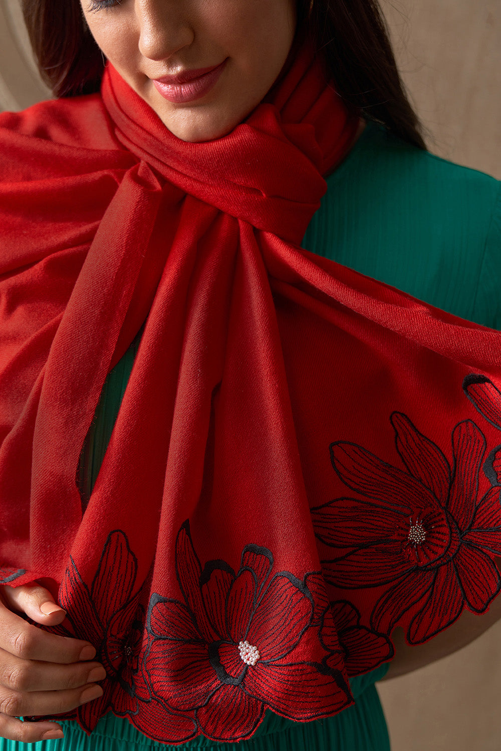 Magnolia Bloom | Embroidered Wool Silk Stole | AJD X Mauli