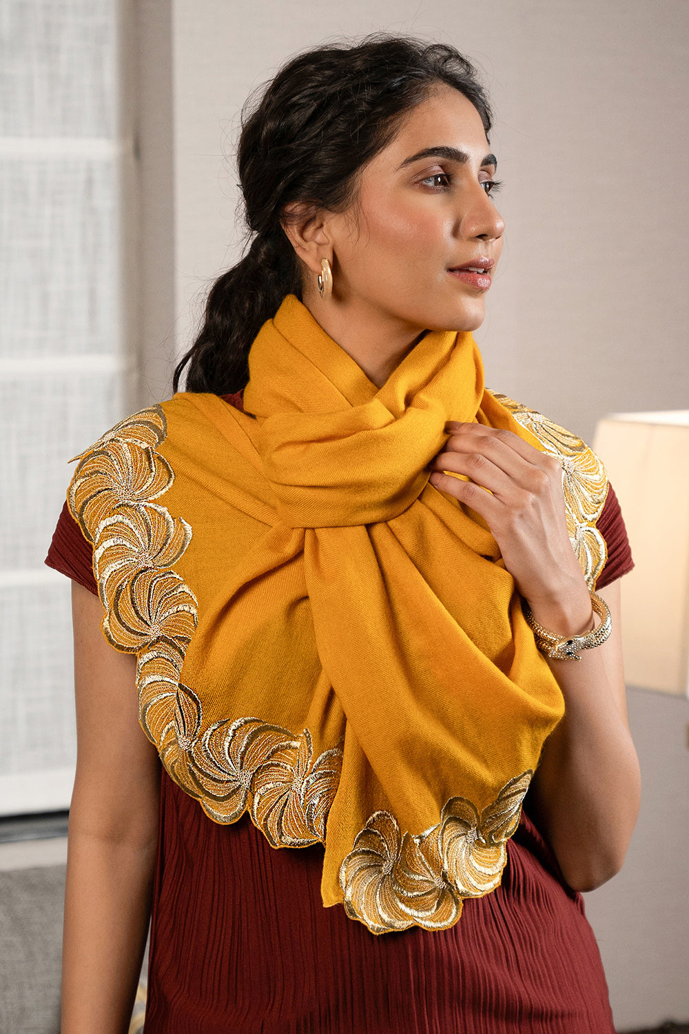 Golden Spiral | Embroidered Wool Silk Stole | AJD X Mauli