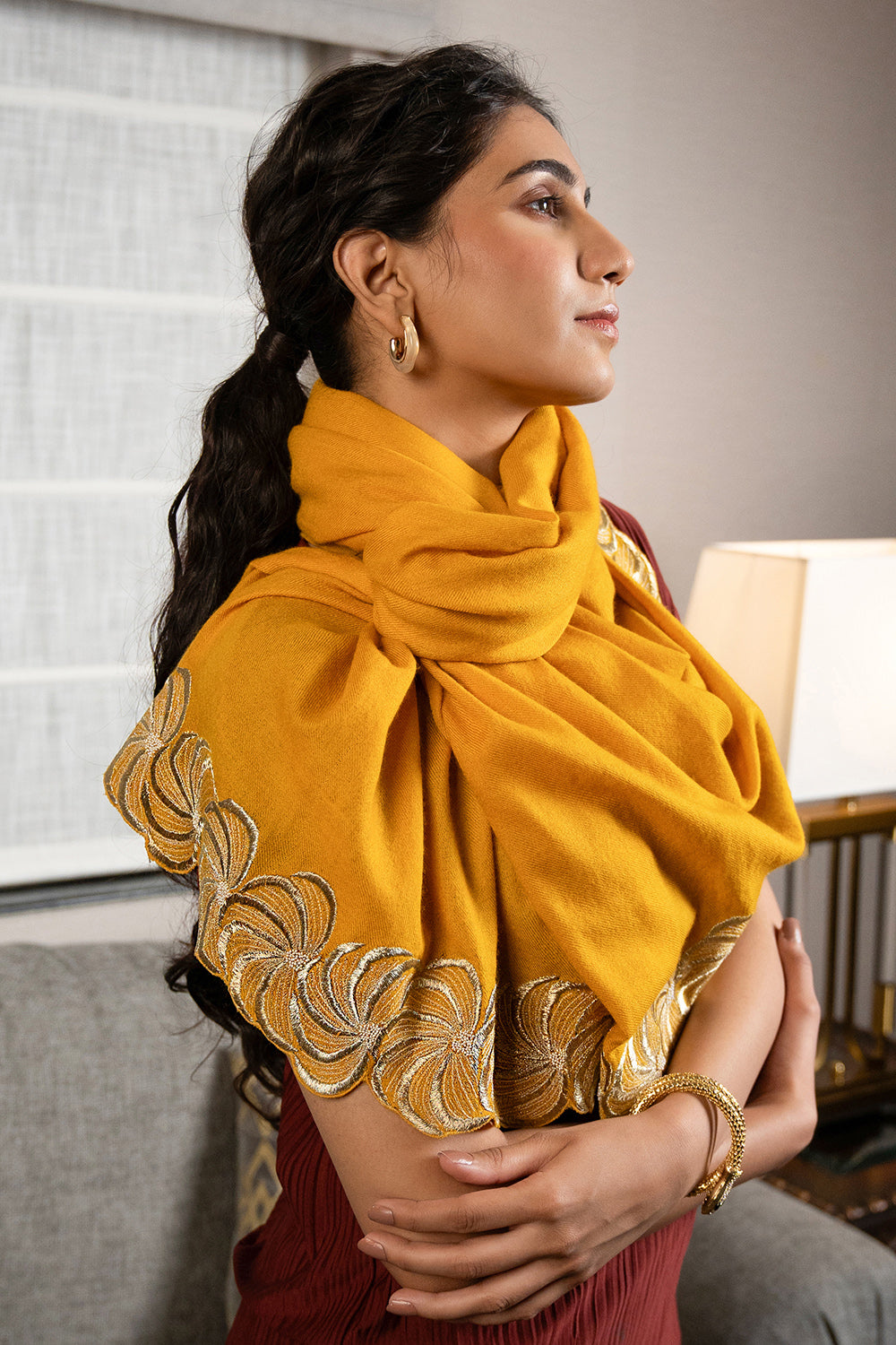 Golden Spiral | Embroidered Wool Silk Stole | AJD X Mauli