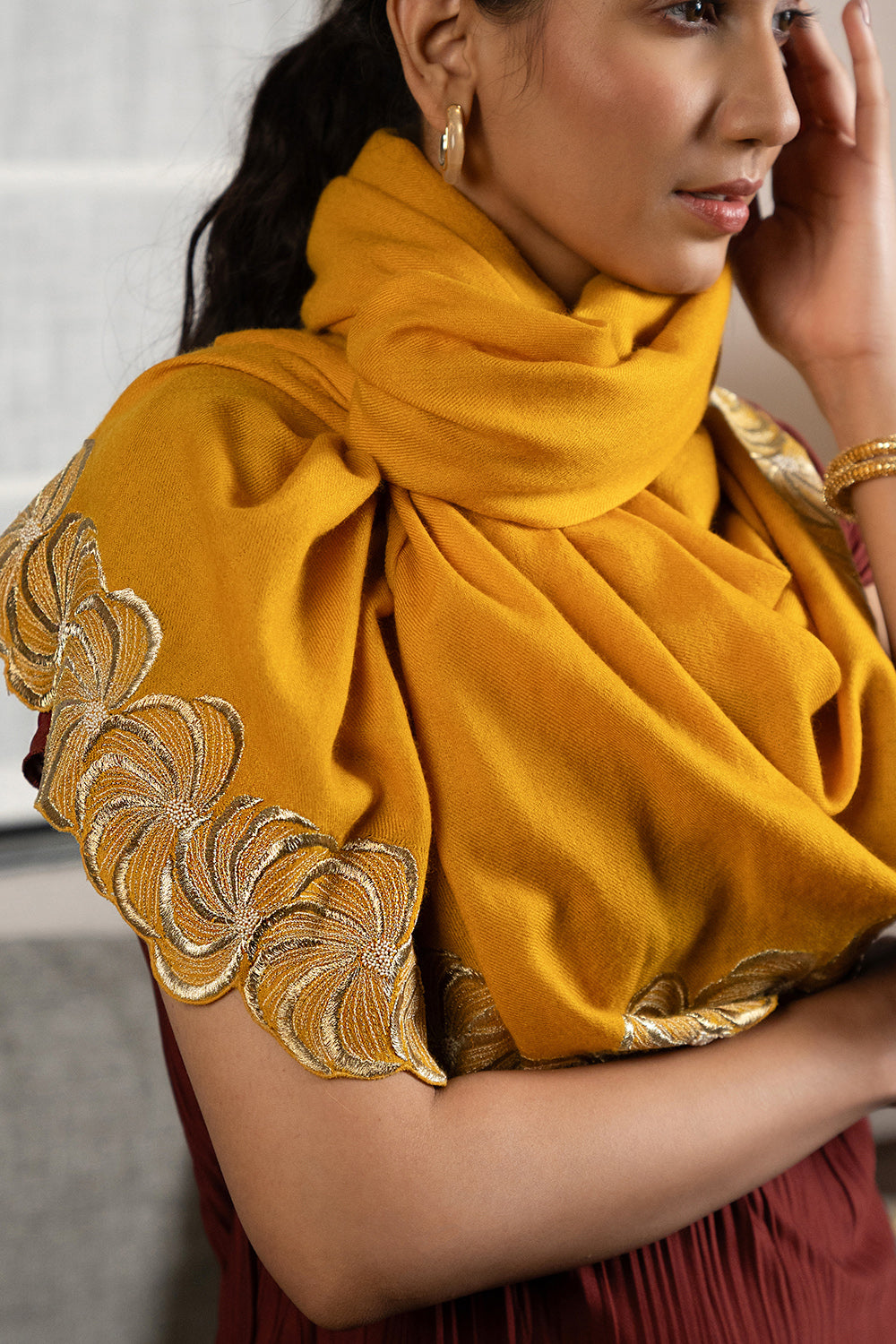 Golden Spiral | Embroidered Wool Silk Stole | AJD X Mauli