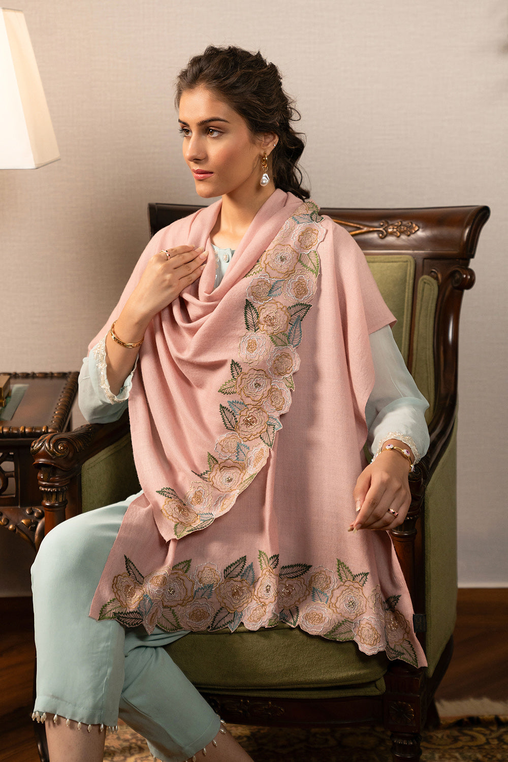 Gold Rose | Embroidered Wool Silk Stole | AJD X Mauli