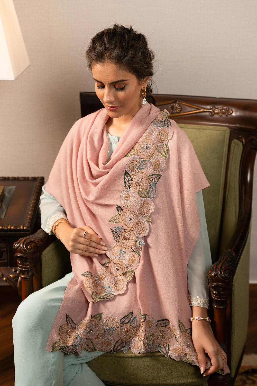 Gold Rose | Embroidered Wool Silk Stole | AJD X Mauli