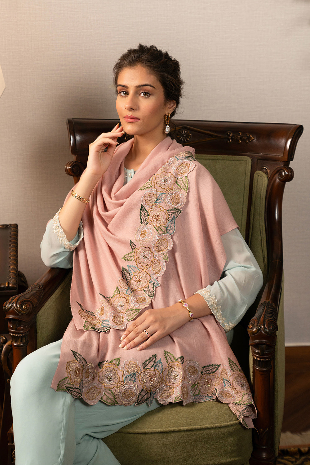 Gold Rose | Embroidered Wool Silk Stole | AJD X Mauli