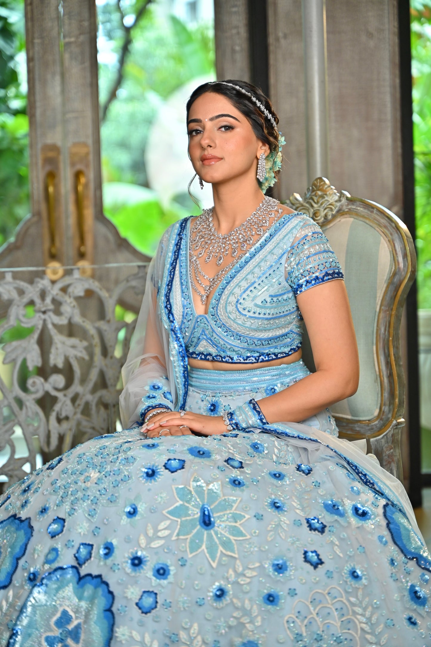 Sky Blue Tulle Hand Embroidered Lehenga Set