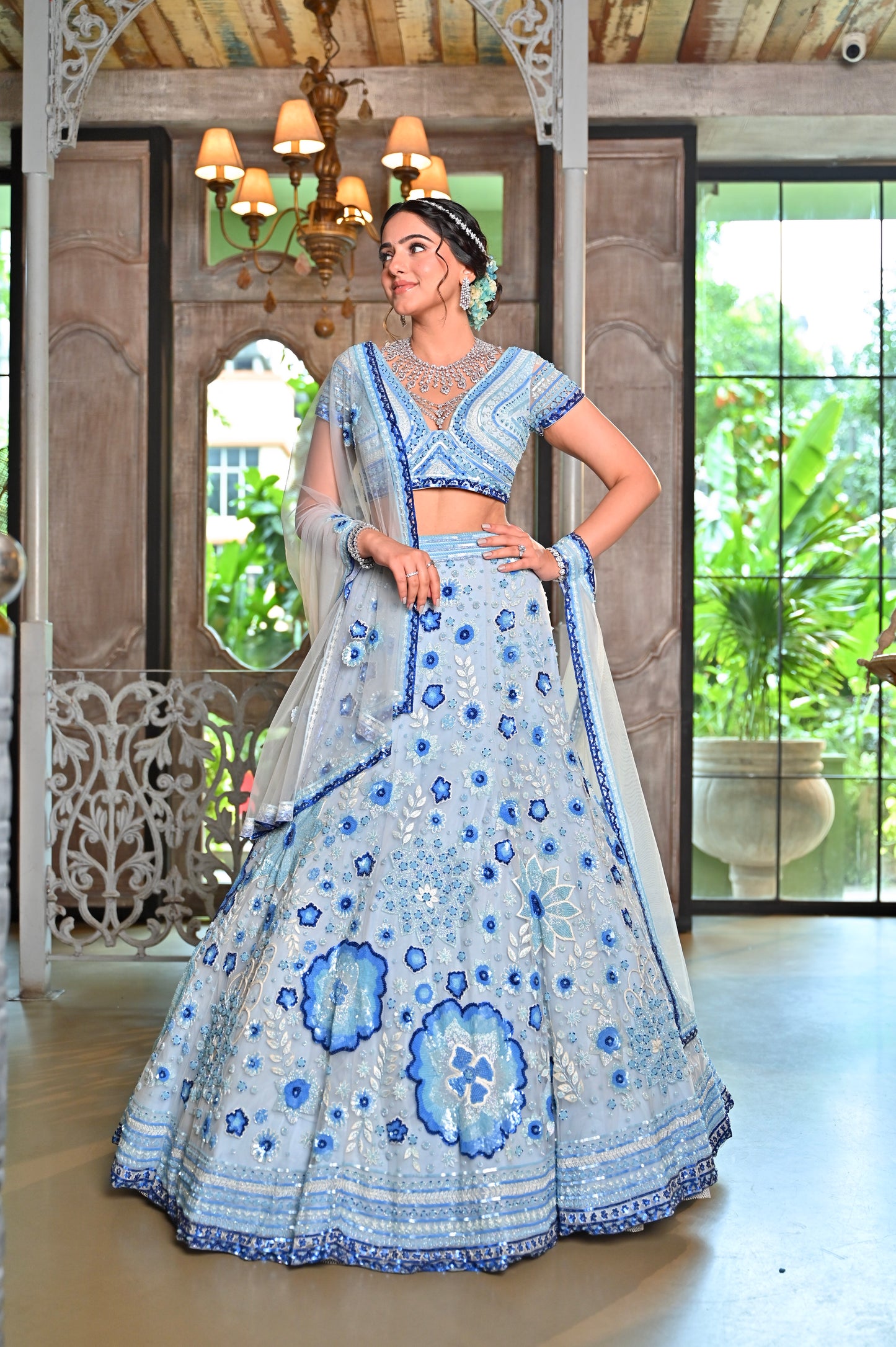 Sky Blue Tulle Hand Embroidered Lehenga Set