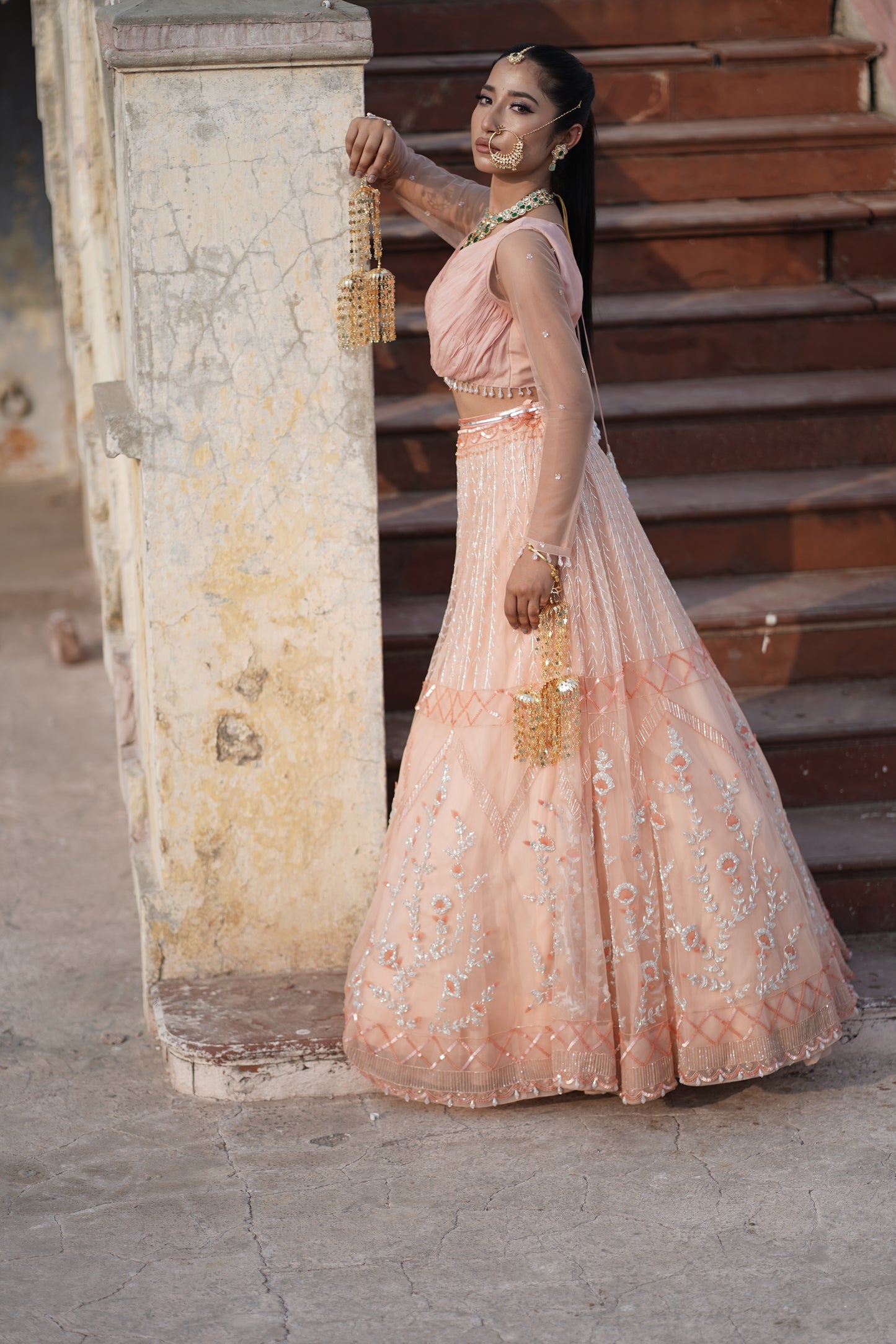 Peach Tulle Floral Hand Embroidered Lehenga Set