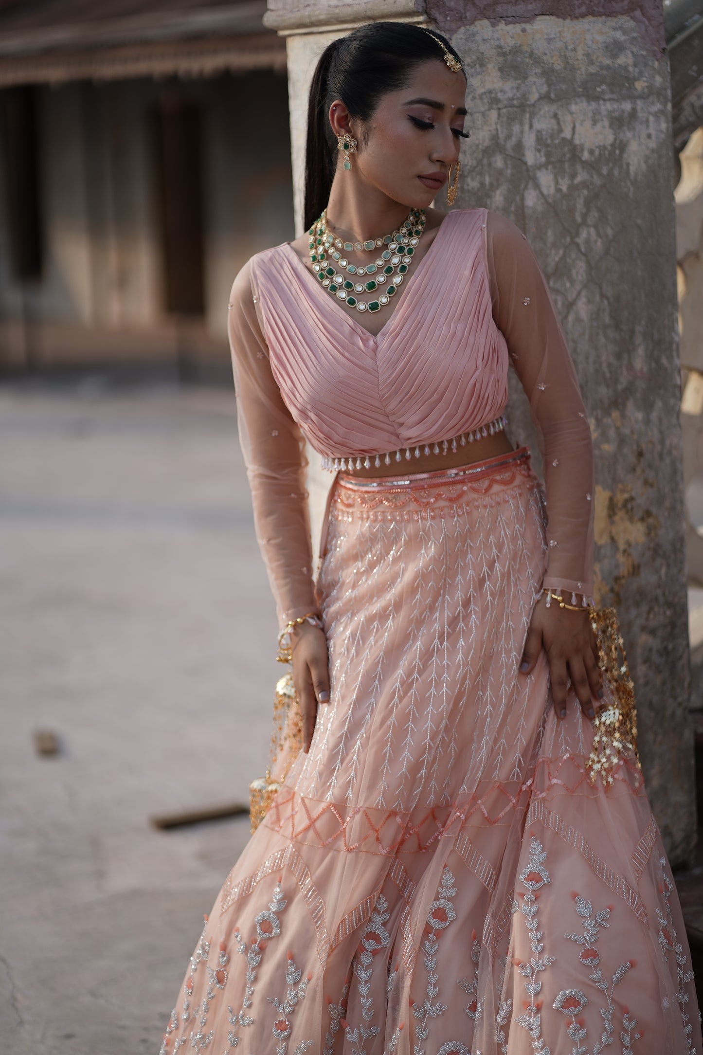 Peach Tulle Floral Hand Embroidered Lehenga Set
