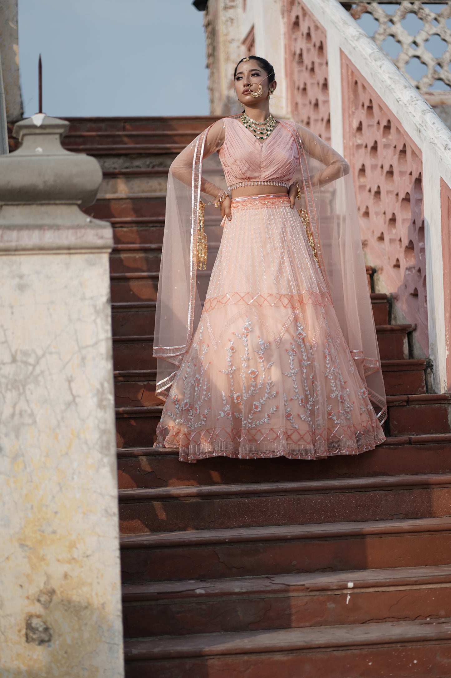 Peach Tulle Floral Hand Embroidered Lehenga Set
