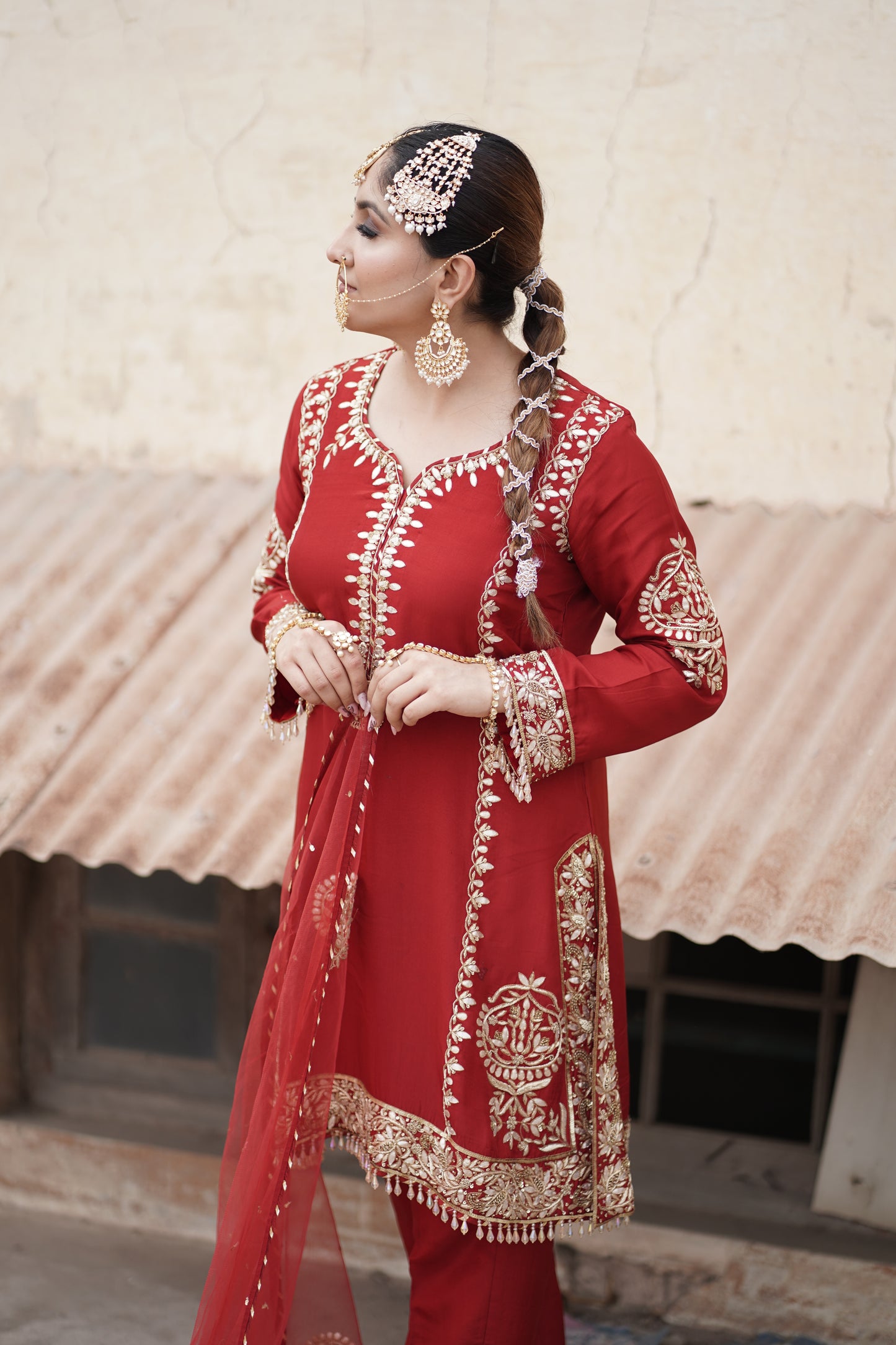Embroidered elegance- Crimson Red Matka Silk Zardosi Embroidered Kurta Set