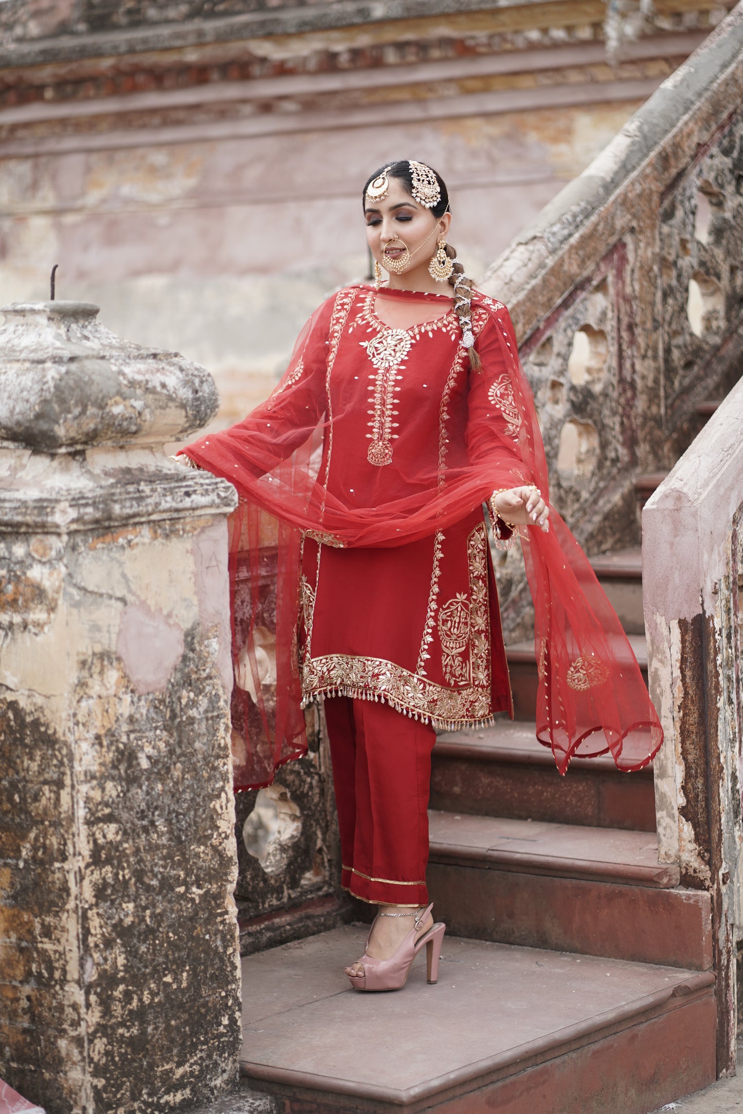 Embroidered elegance- Crimson Red Matka Silk Zardosi Embroidered Kurta Set