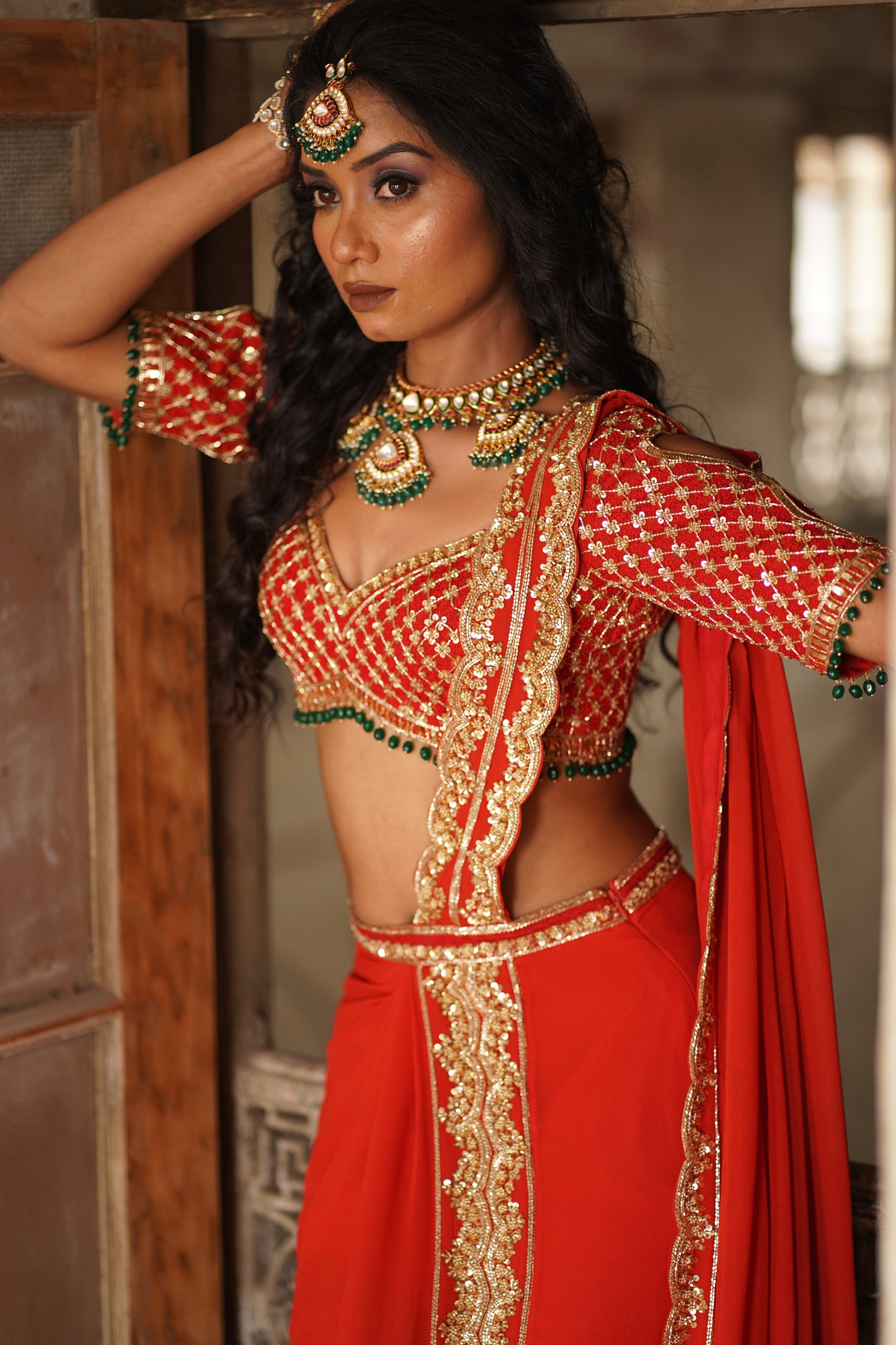 Luxury Red Georgette Hand-Embroidered Pre-Draped Saree Set | Regal Elegance