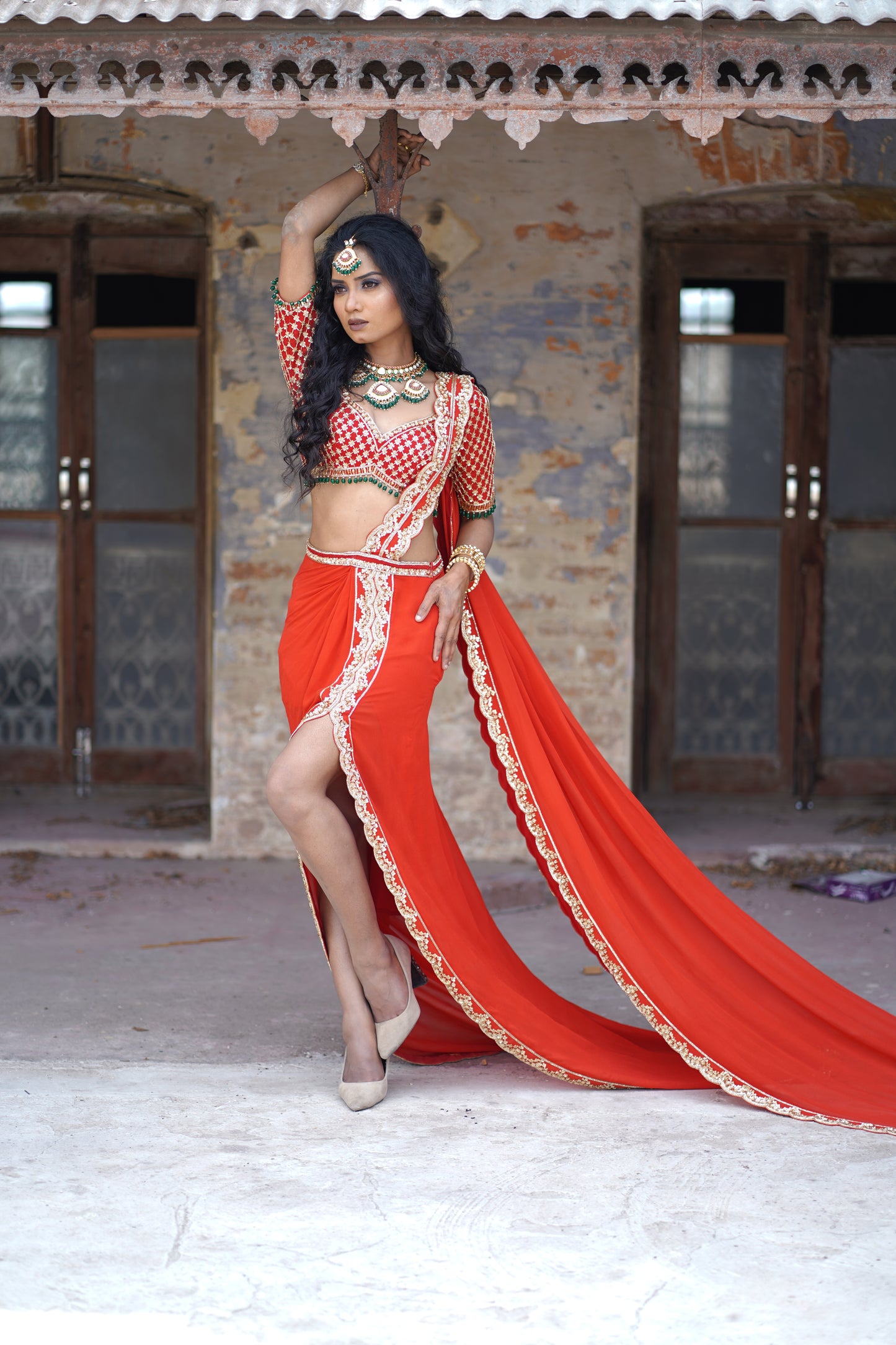 Luxury Red Georgette Hand-Embroidered Pre-Draped Saree Set | Regal Elegance