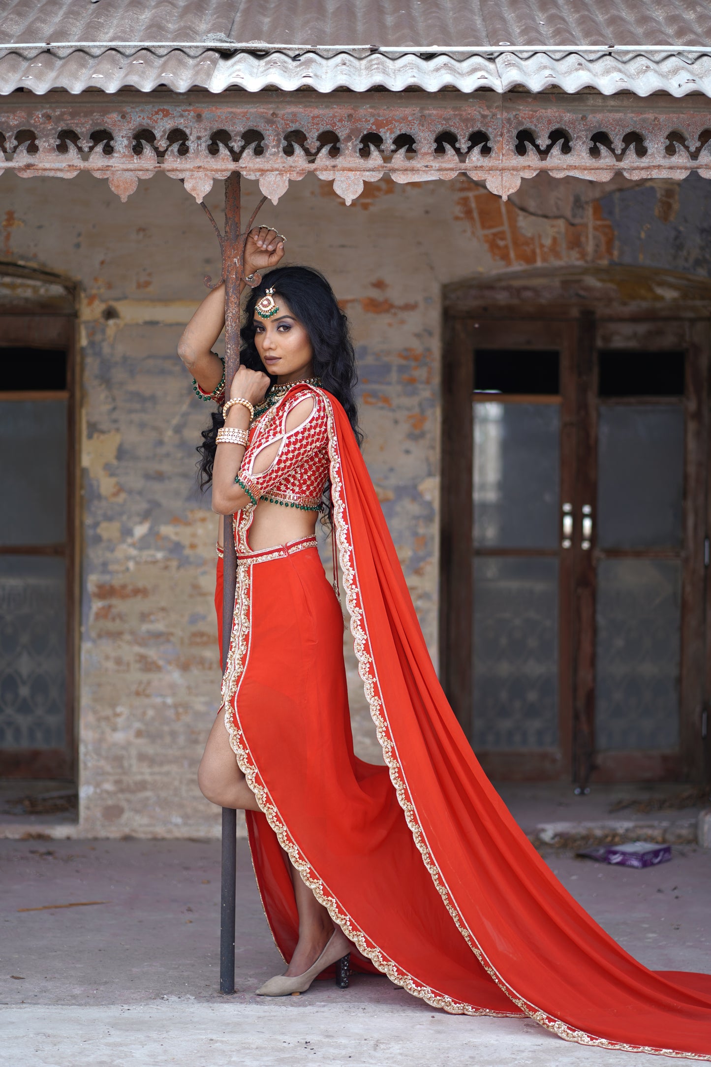 Luxury Red Georgette Hand-Embroidered Pre-Draped Saree Set | Regal Elegance