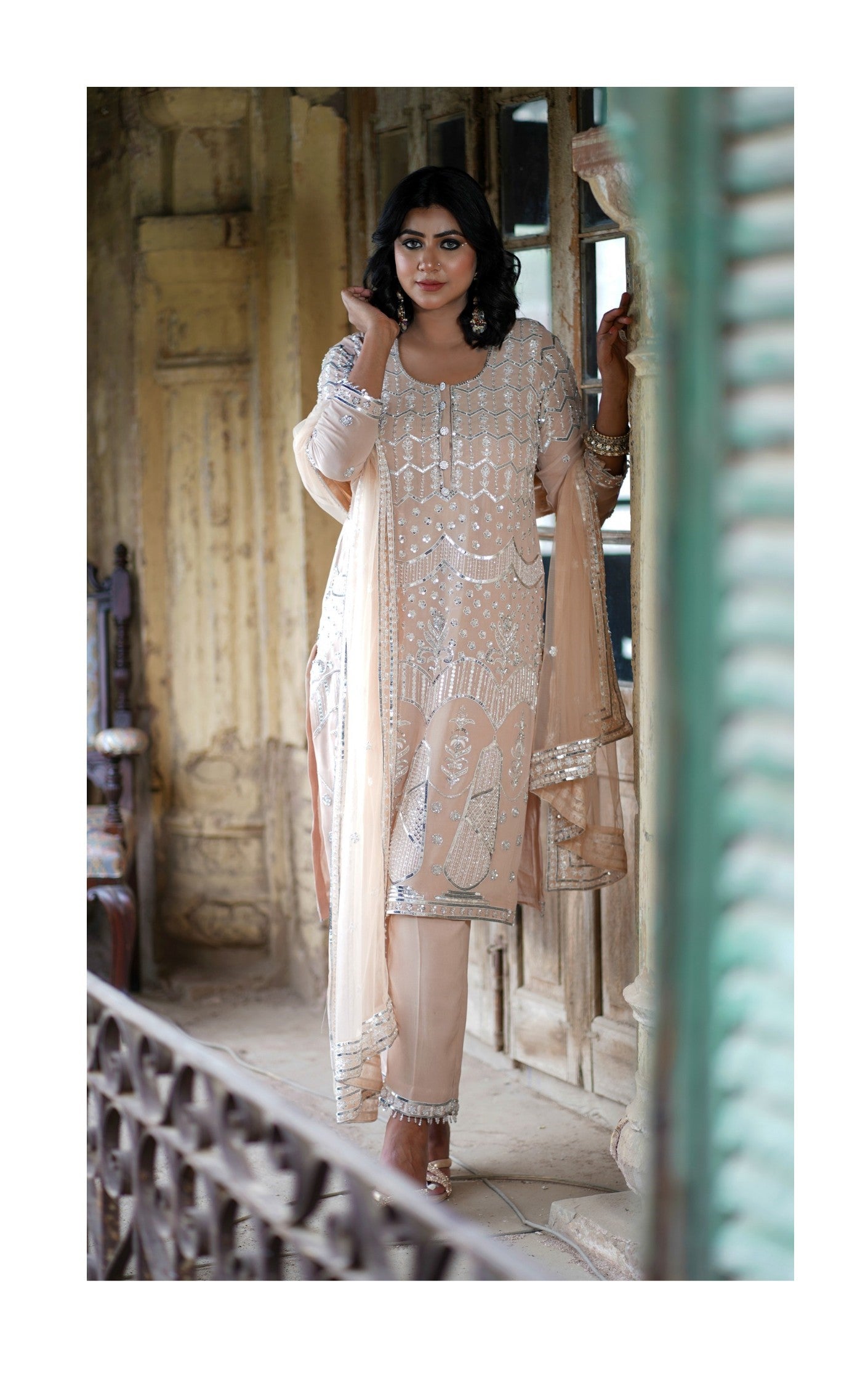 Latest Design- Ivory Georgette Hand-Embroidered Kurta Set with Dupatta