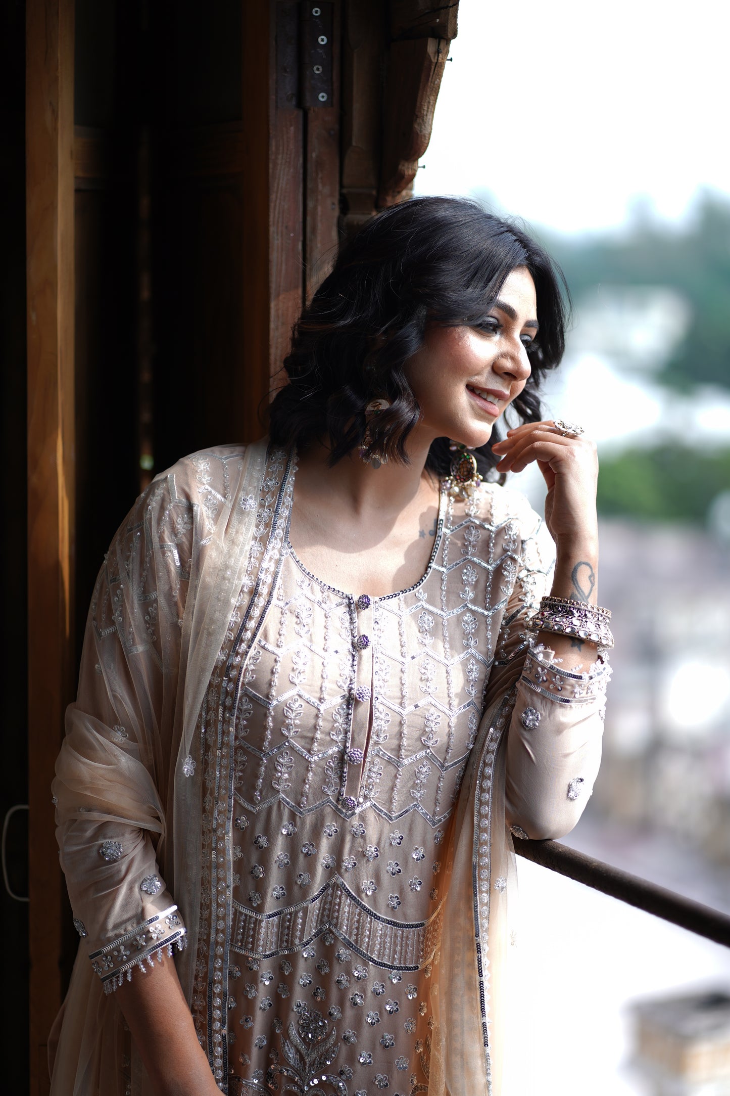 Latest Design- Ivory Georgette Hand-Embroidered Kurta Set with Dupatta