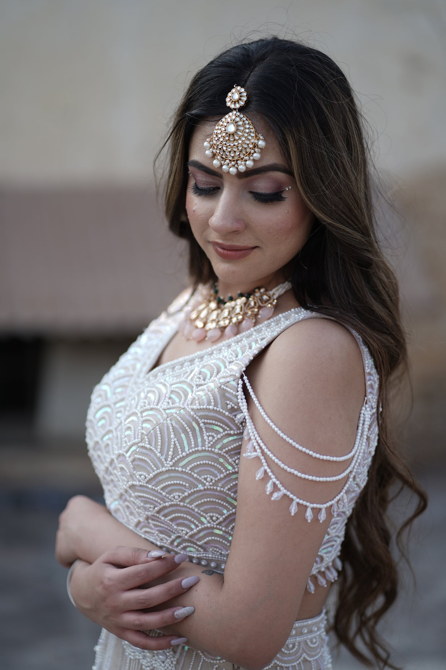 Ivory Tulle Pearl Embroidered Lehenga Set