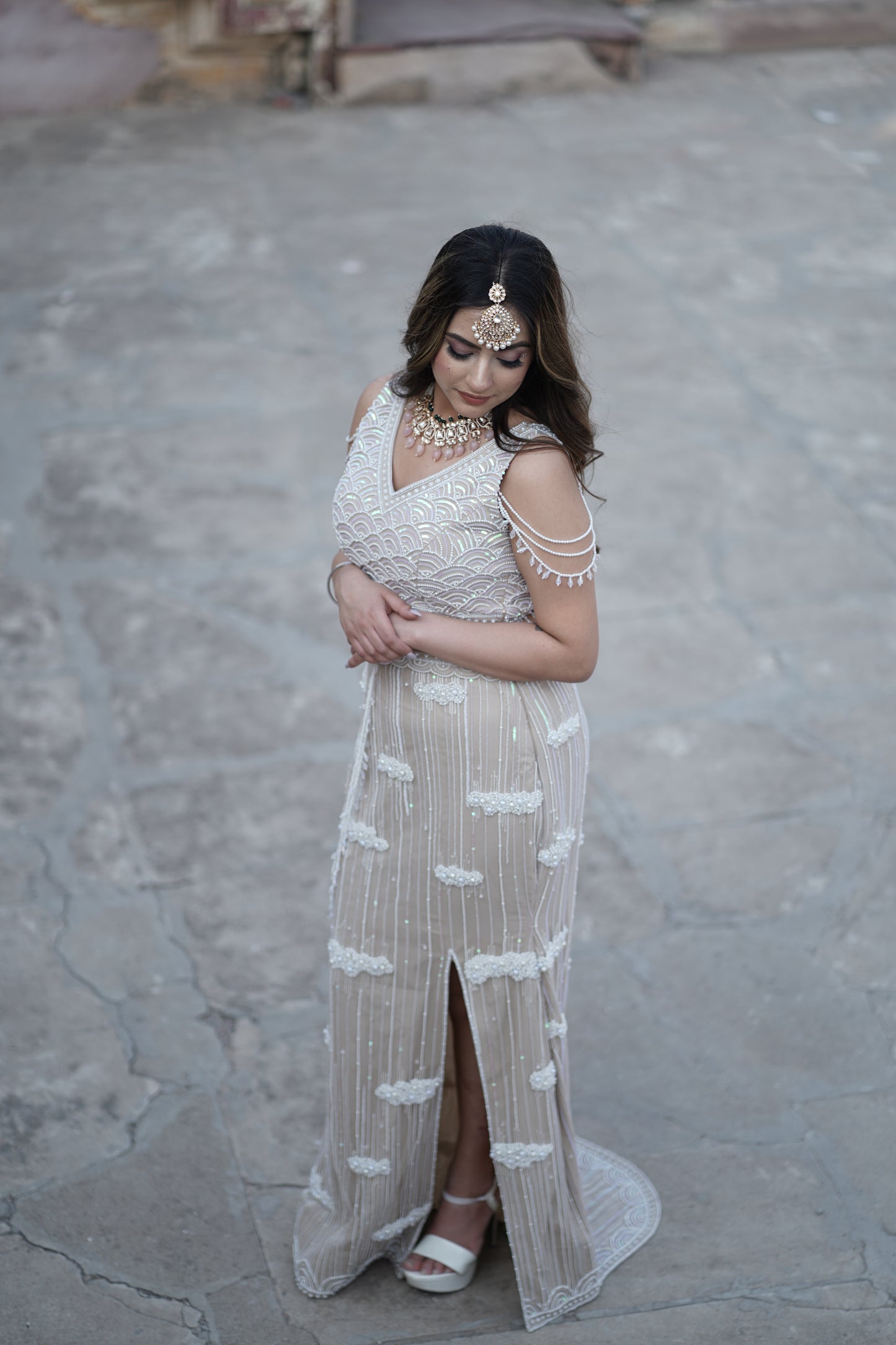 Ivory Tulle Pearl Embroidered Lehenga Set