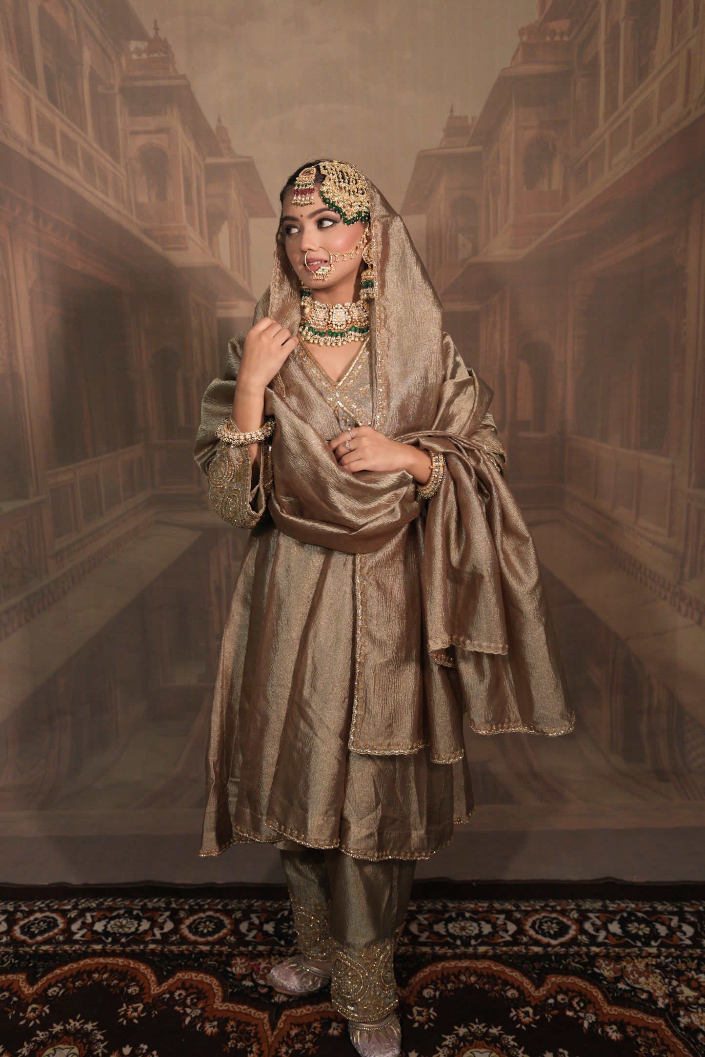 Light Gold and green Bridal Kurta Set with Dupatta