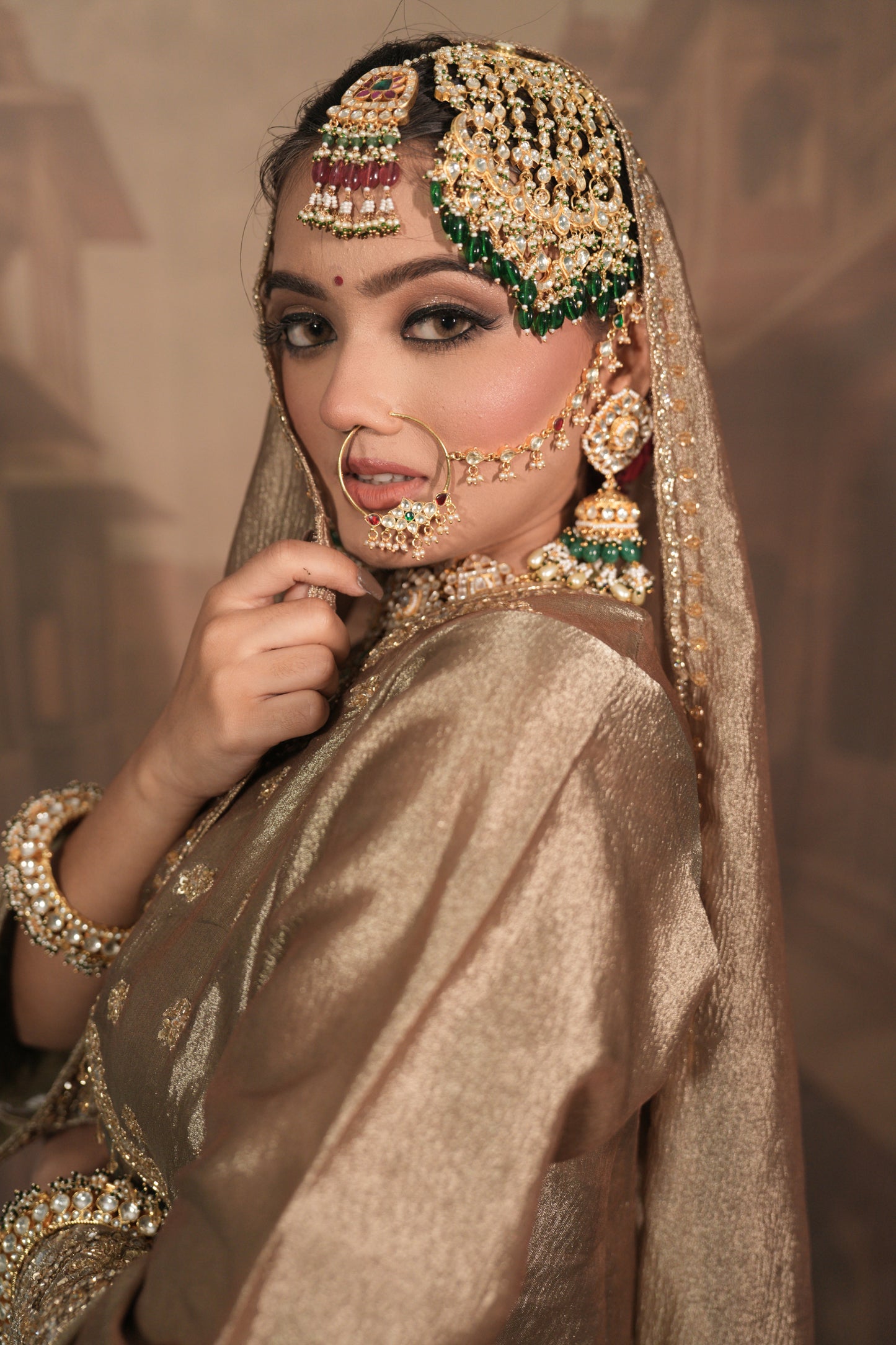 Light Gold and green Bridal Kurta Set with Dupatta