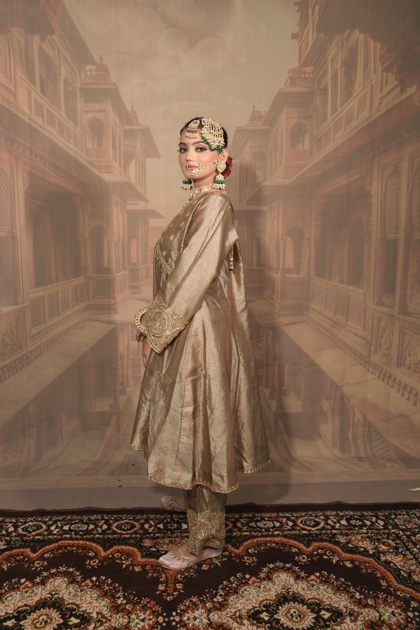 Light Gold and green Bridal Kurta Set with Dupatta