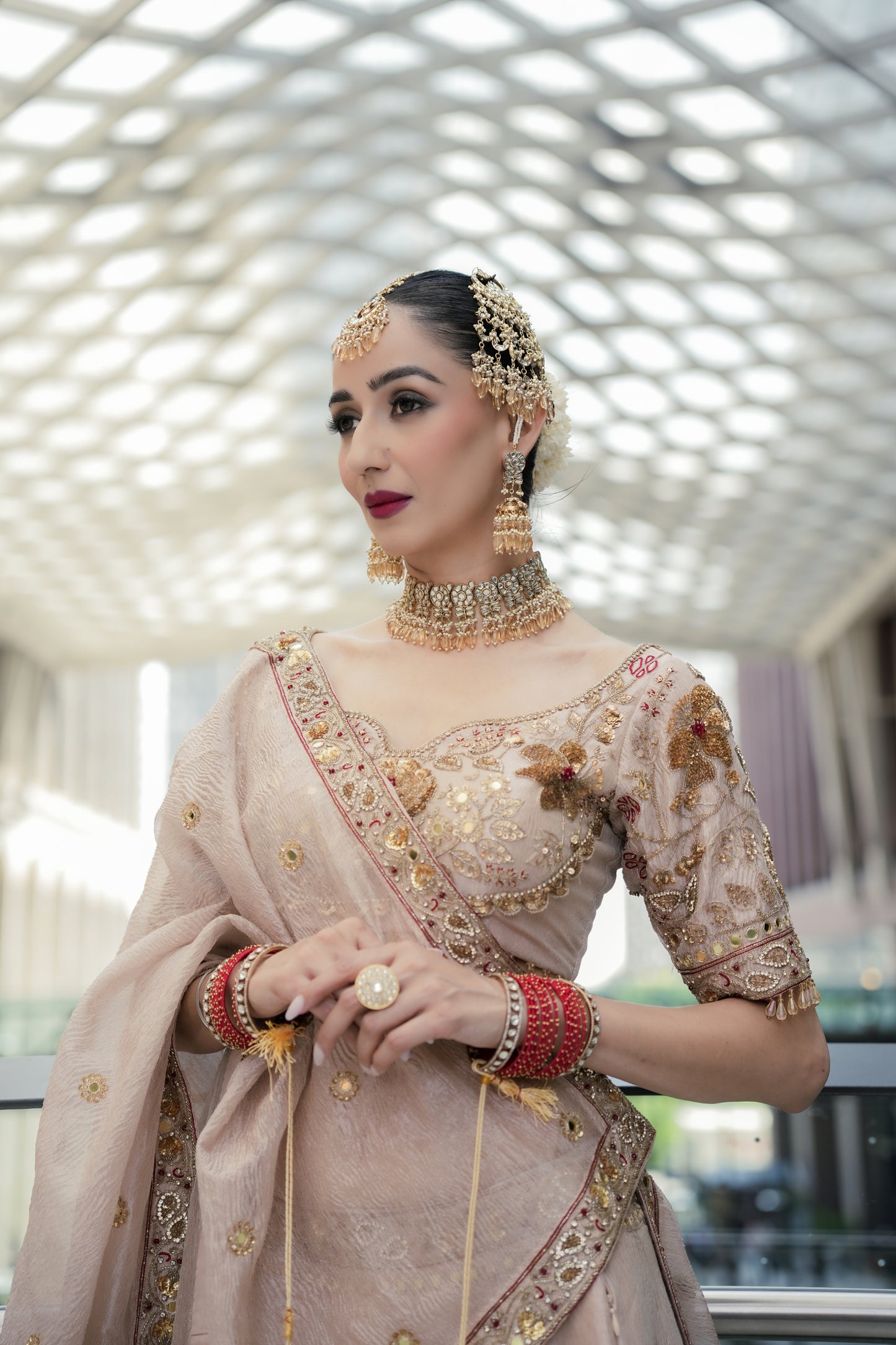 Light Gold Tissue Silk Heavy Bridal Lehenga Set