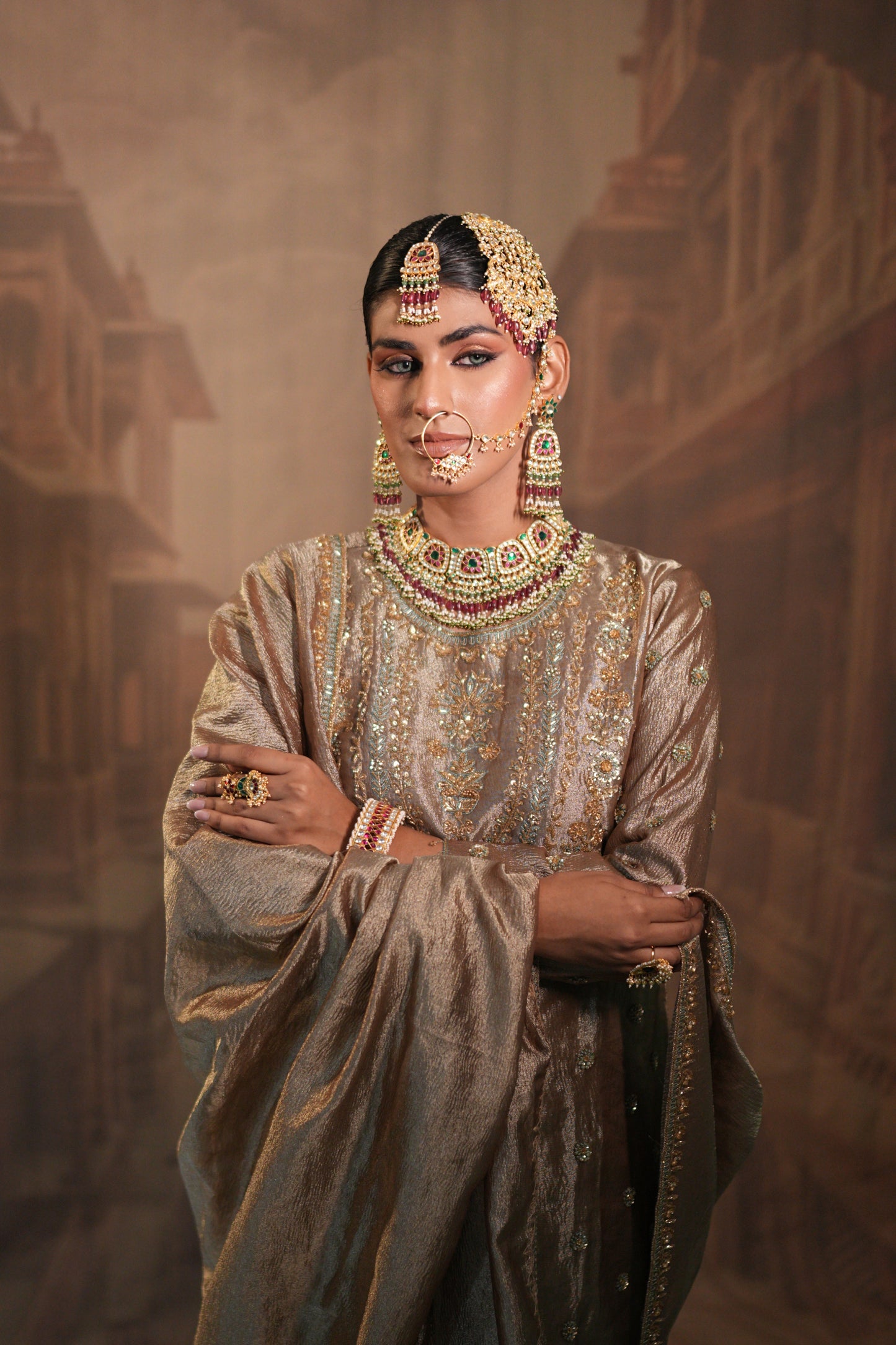 Light Gold and green Bridal Kurta Set with Dupatta