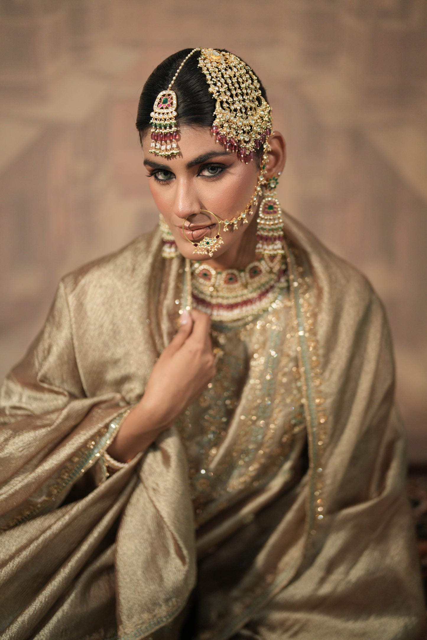 Light Gold and green Bridal Kurta Set with Dupatta