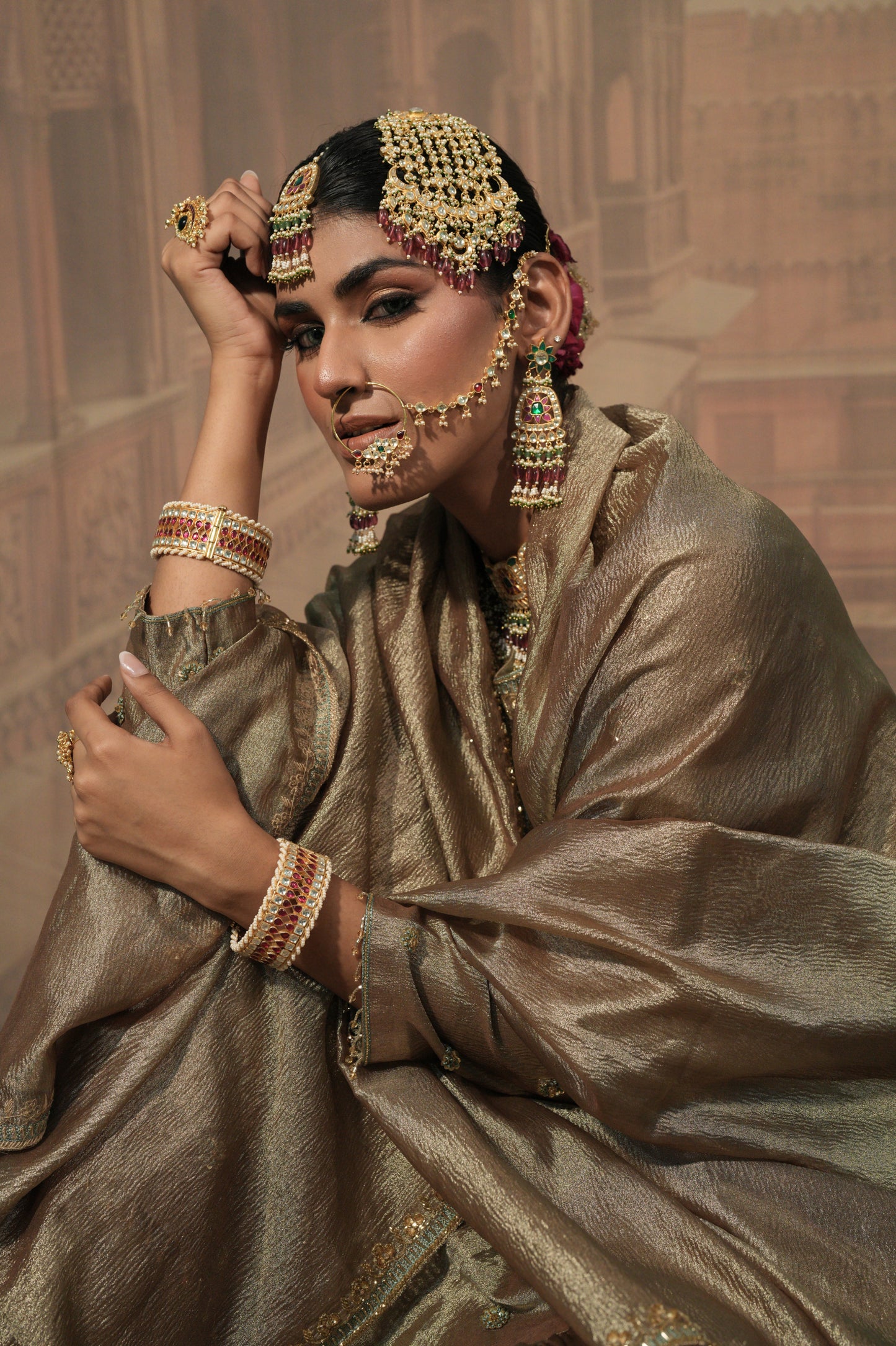 Light Gold and green Bridal Kurta Set with Dupatta