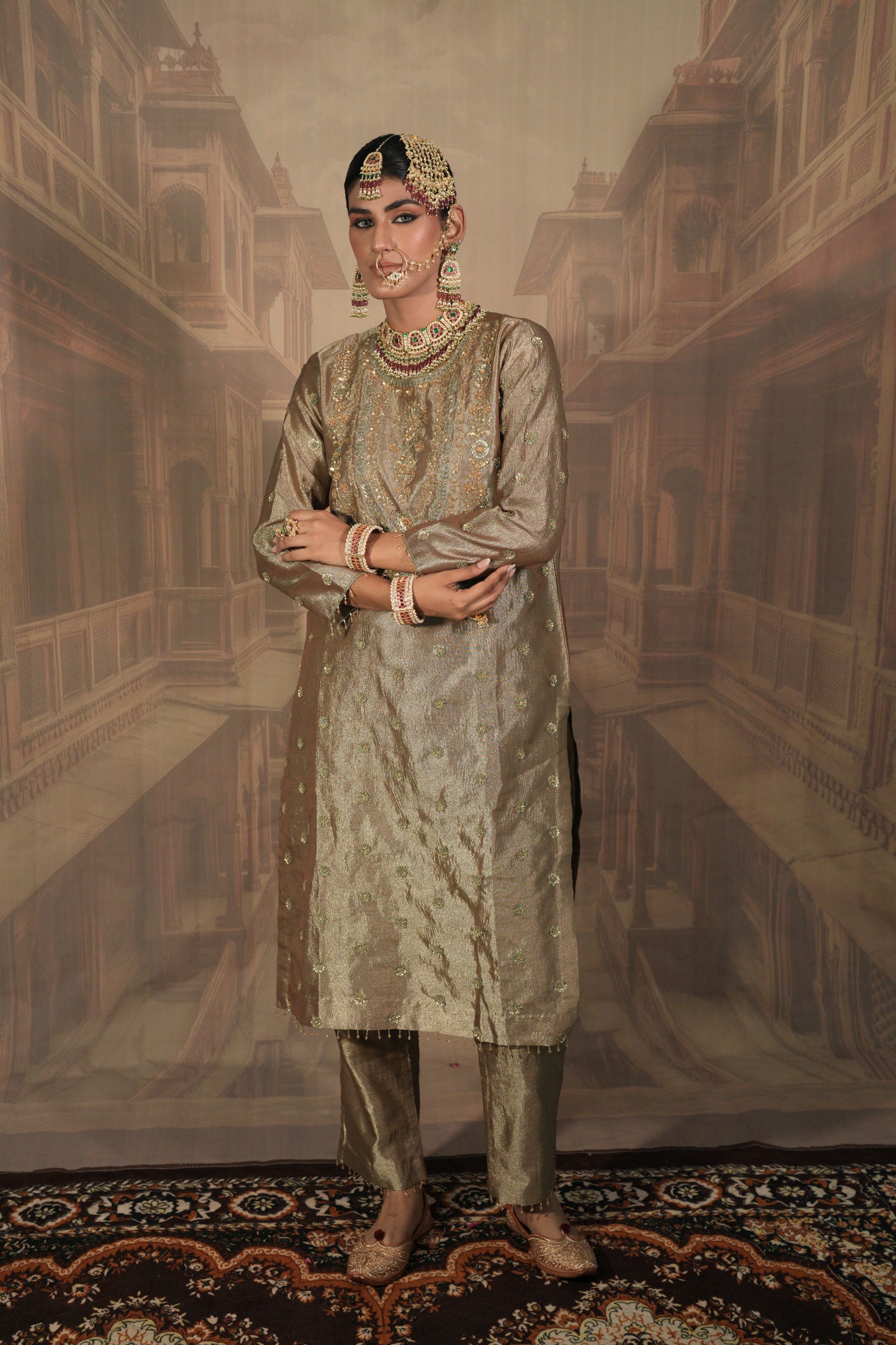 Light Gold and green Bridal Kurta Set with Dupatta