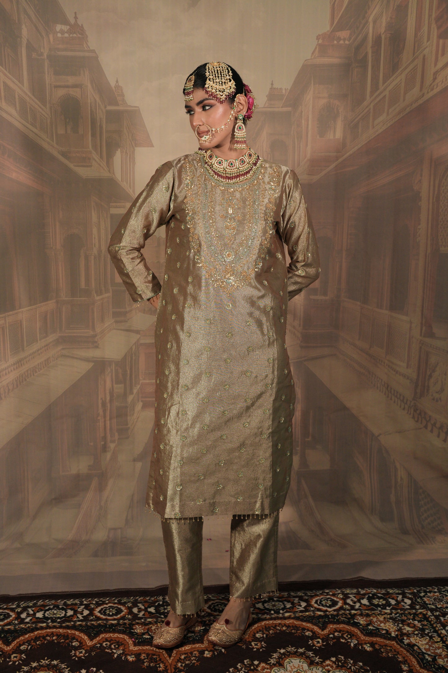 Light Gold and green Bridal Kurta Set with Dupatta