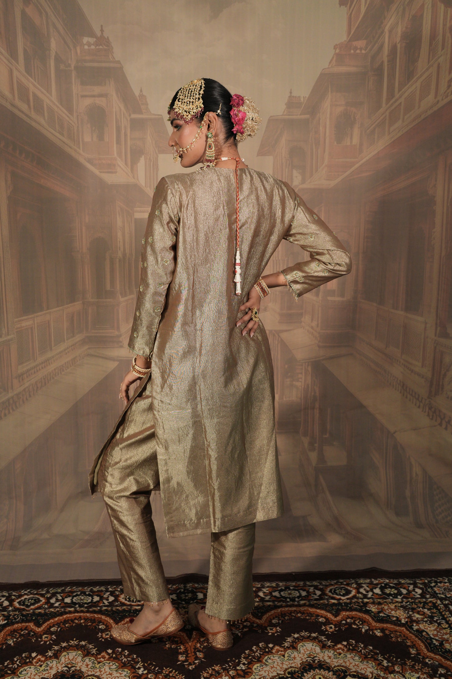 Light Gold and green Bridal Kurta Set with Dupatta