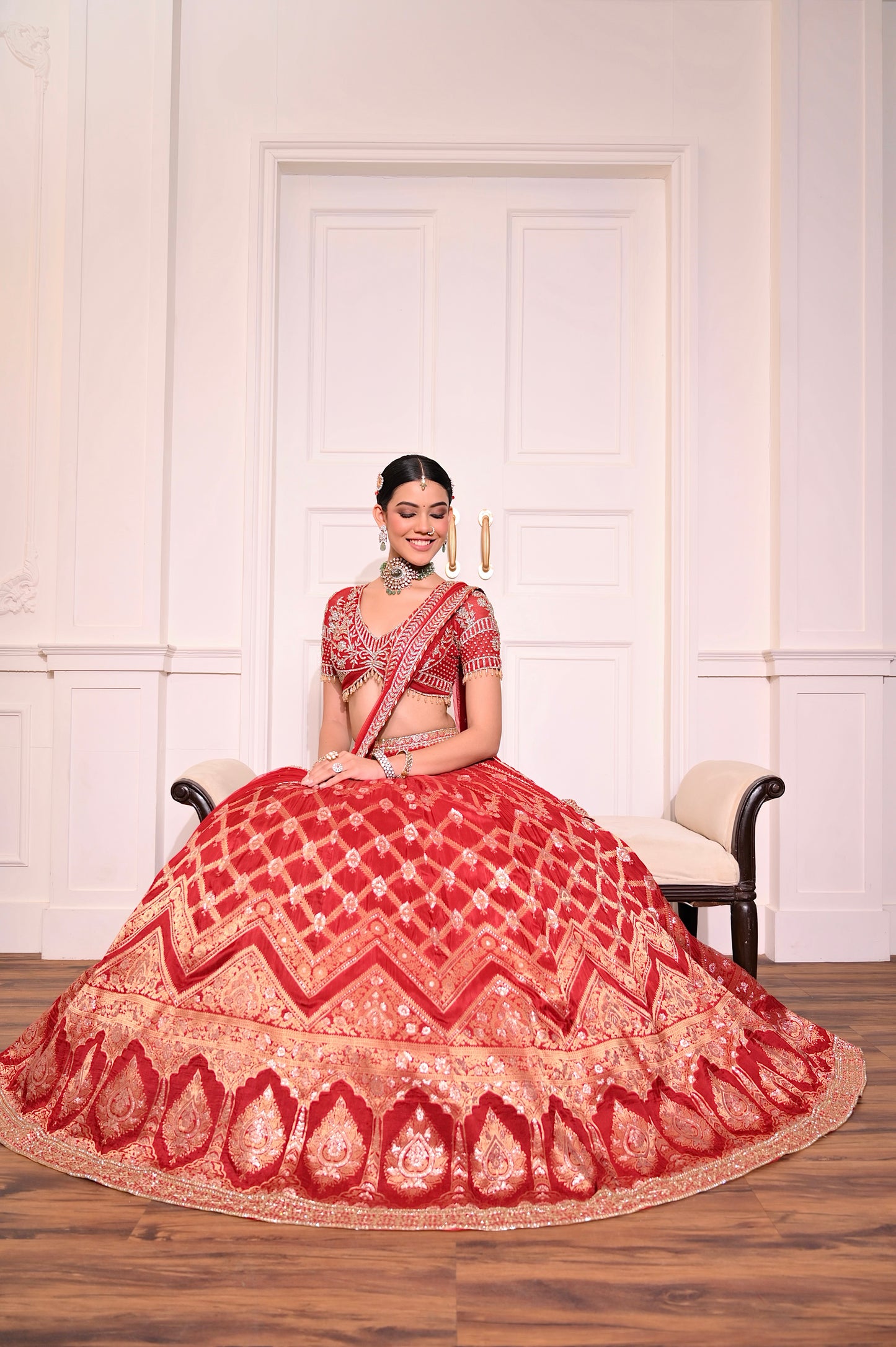 Red Banarasi Silk Hand Embroidered Lehenga Set