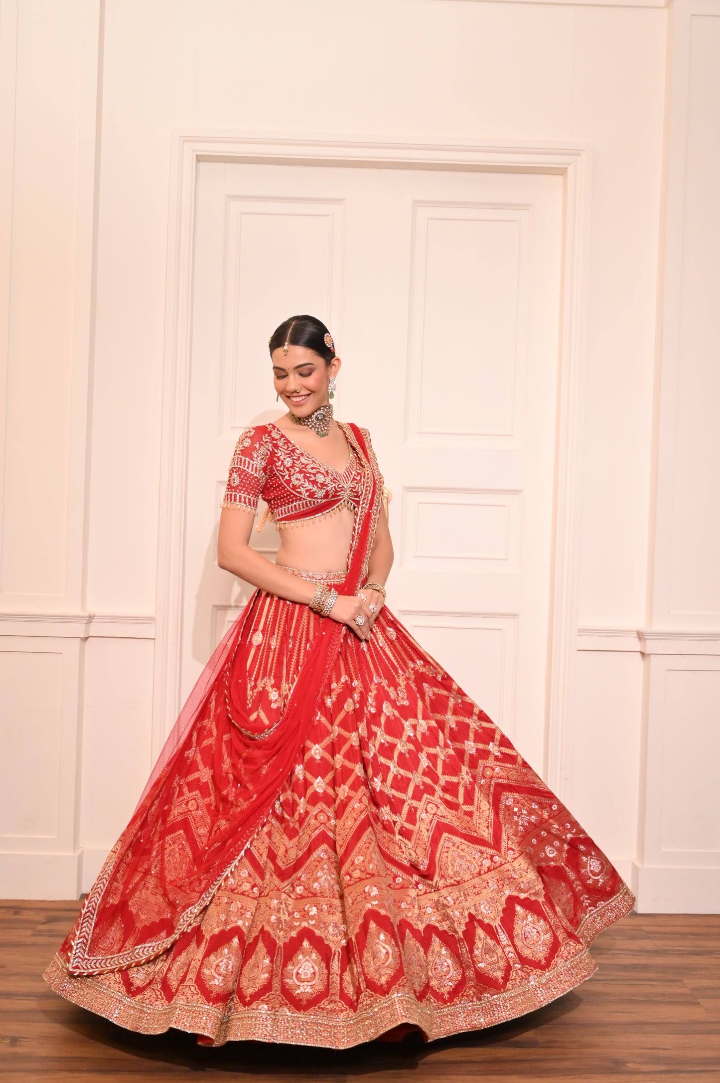 Red Banarasi Silk Hand Embroidered Lehenga Set