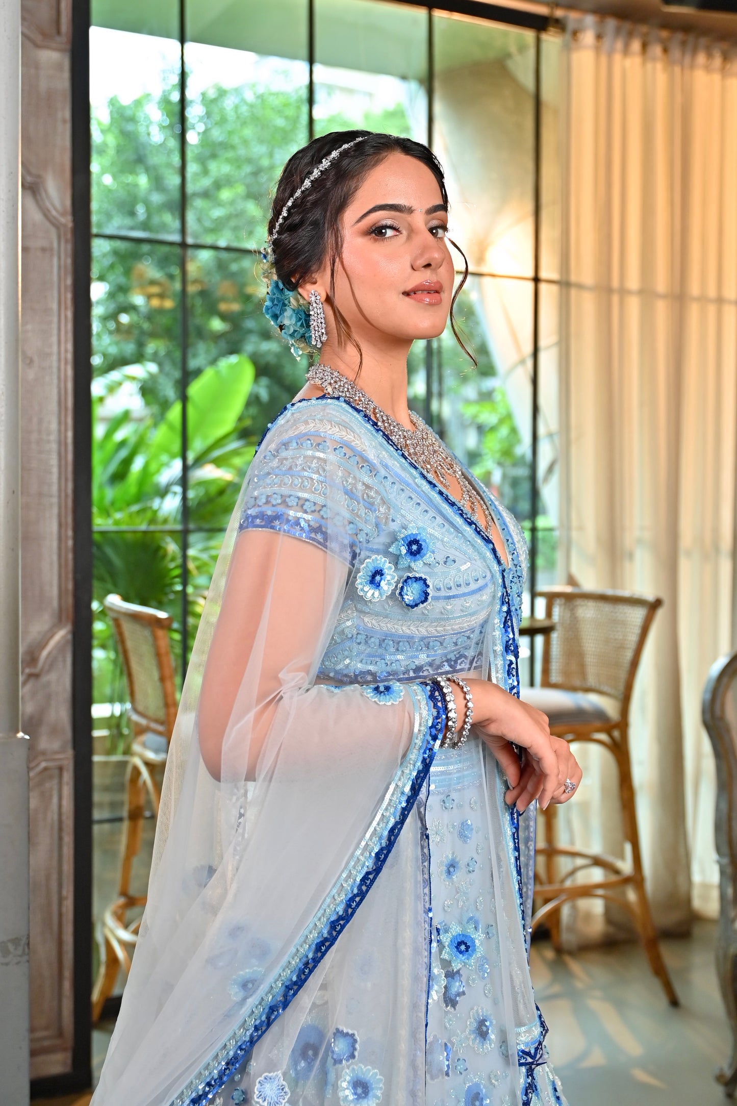 Sky Blue Tulle Hand Embroidered Lehenga Set
