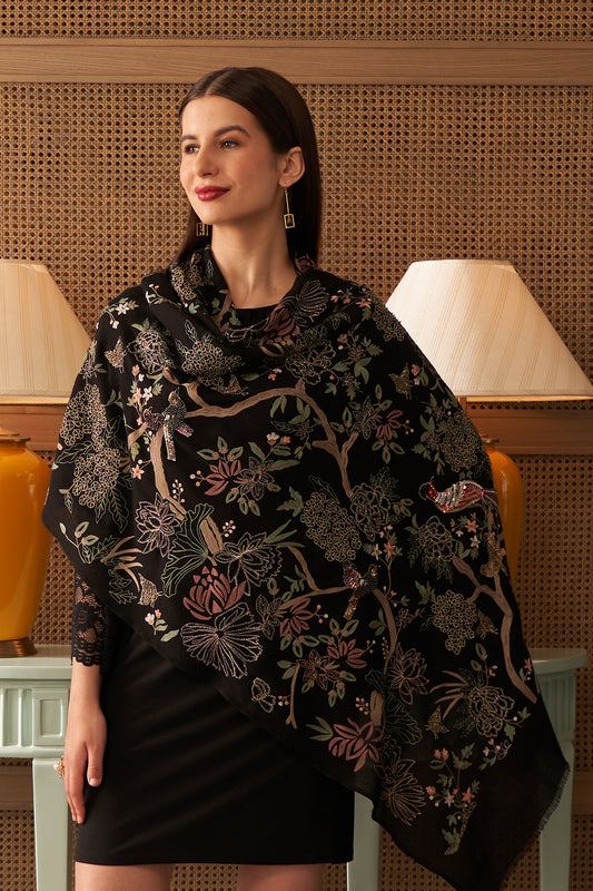 Enchanted Forest | Embroidered Pure Cashmere Stole | AJD X Mauli