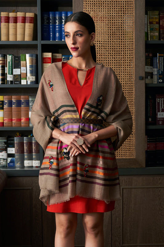 Tricky Toucans | Embroidered Fine Wool Silk Stripe | AJD X Mauli