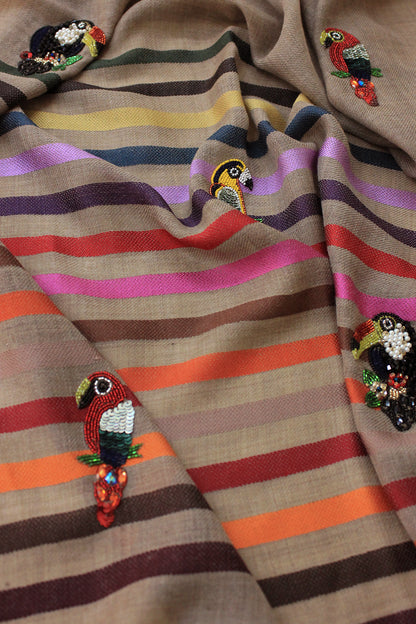 Tricky Toucans | Embroidered Fine Wool Silk Stripe | AJD X Mauli
