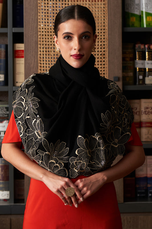 Magnolia Bloom | Embroidered Wool Silk Stole | AJD X Mauli