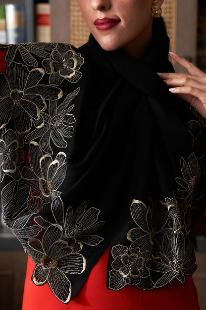 Magnolia Bloom | Embroidered Wool Silk Stole | AJD X Mauli