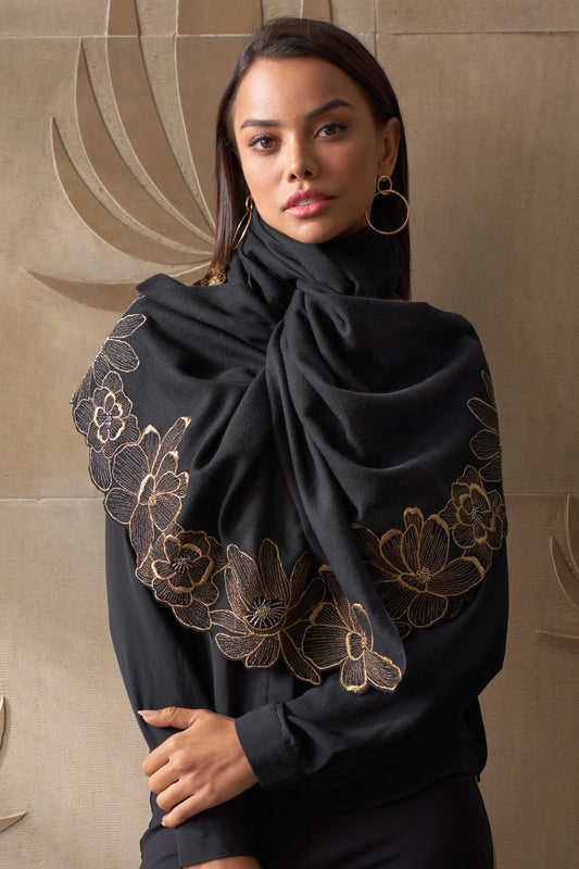 Magnolia Bloom | Embroidered Wool Silk Stole | AJD X Mauli