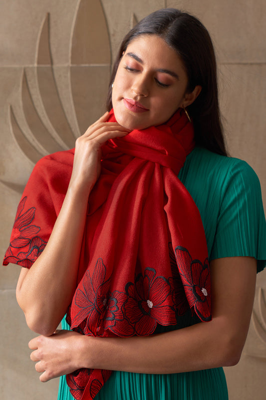 Magnolia Bloom | Embroidered Wool Silk Stole | AJD X Mauli